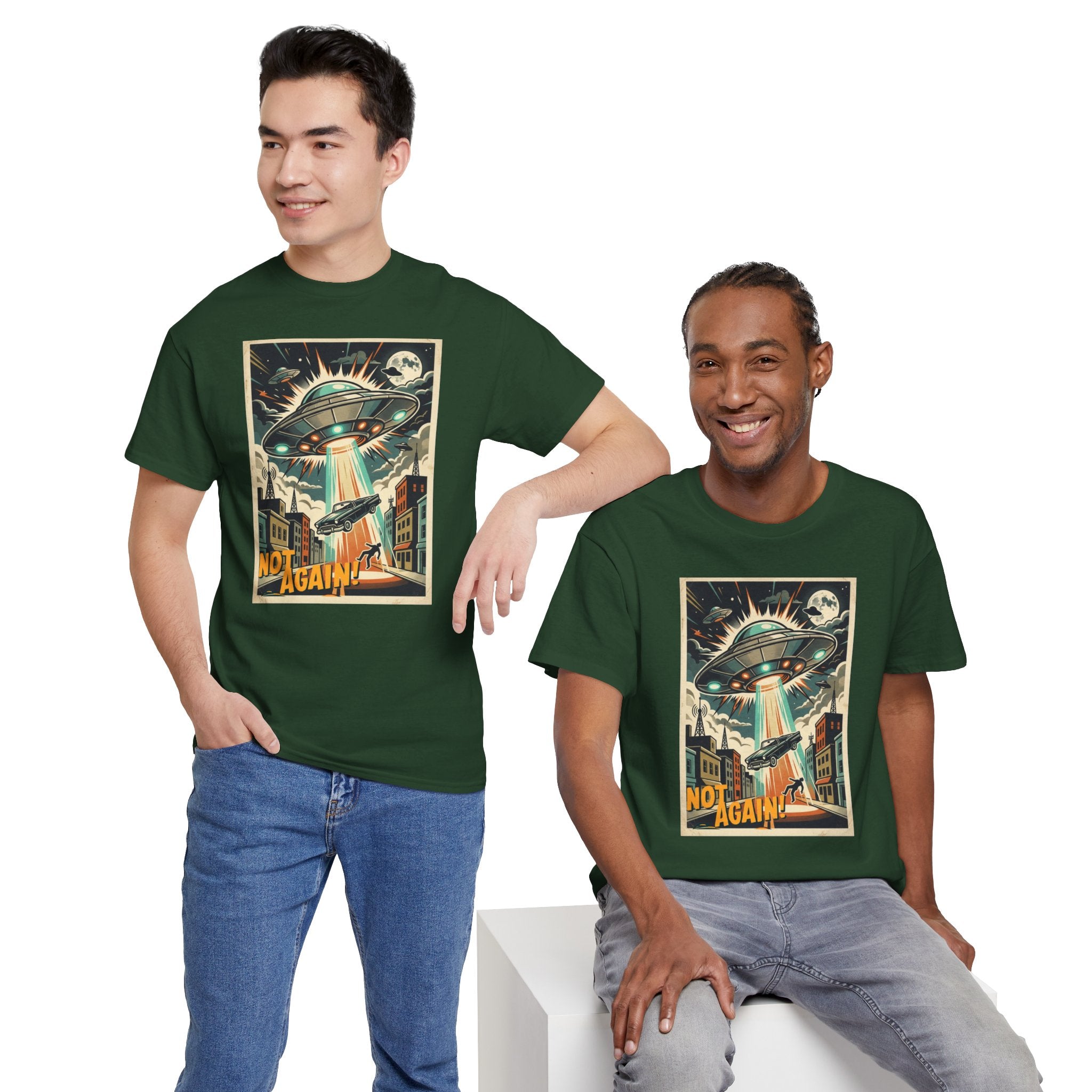 Pop Sci-fi Alien Invasion T-Shirt — Vintage UFO 'Not Again!' Graphic Tee
