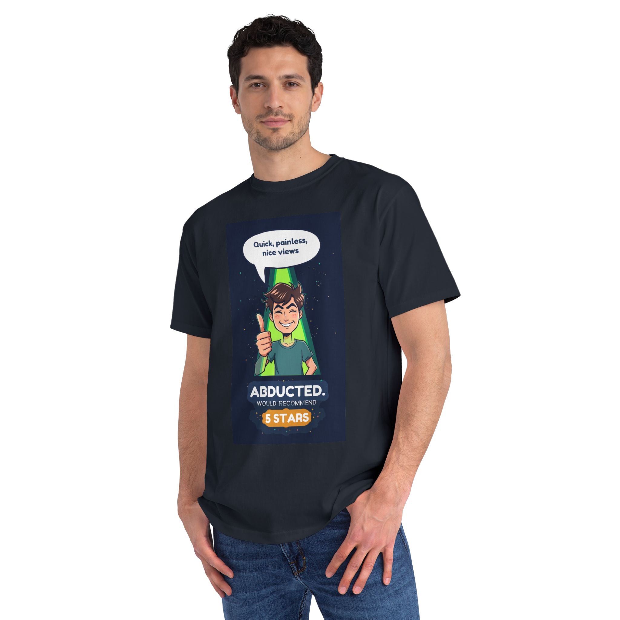 Alien abduction organic t-shirt worn by model