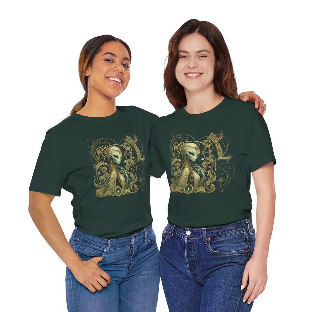 Alien Art Noveau Embrace T-Shirt — Mystical Green Alien Graphic Tee for Sci‑Fi Fans