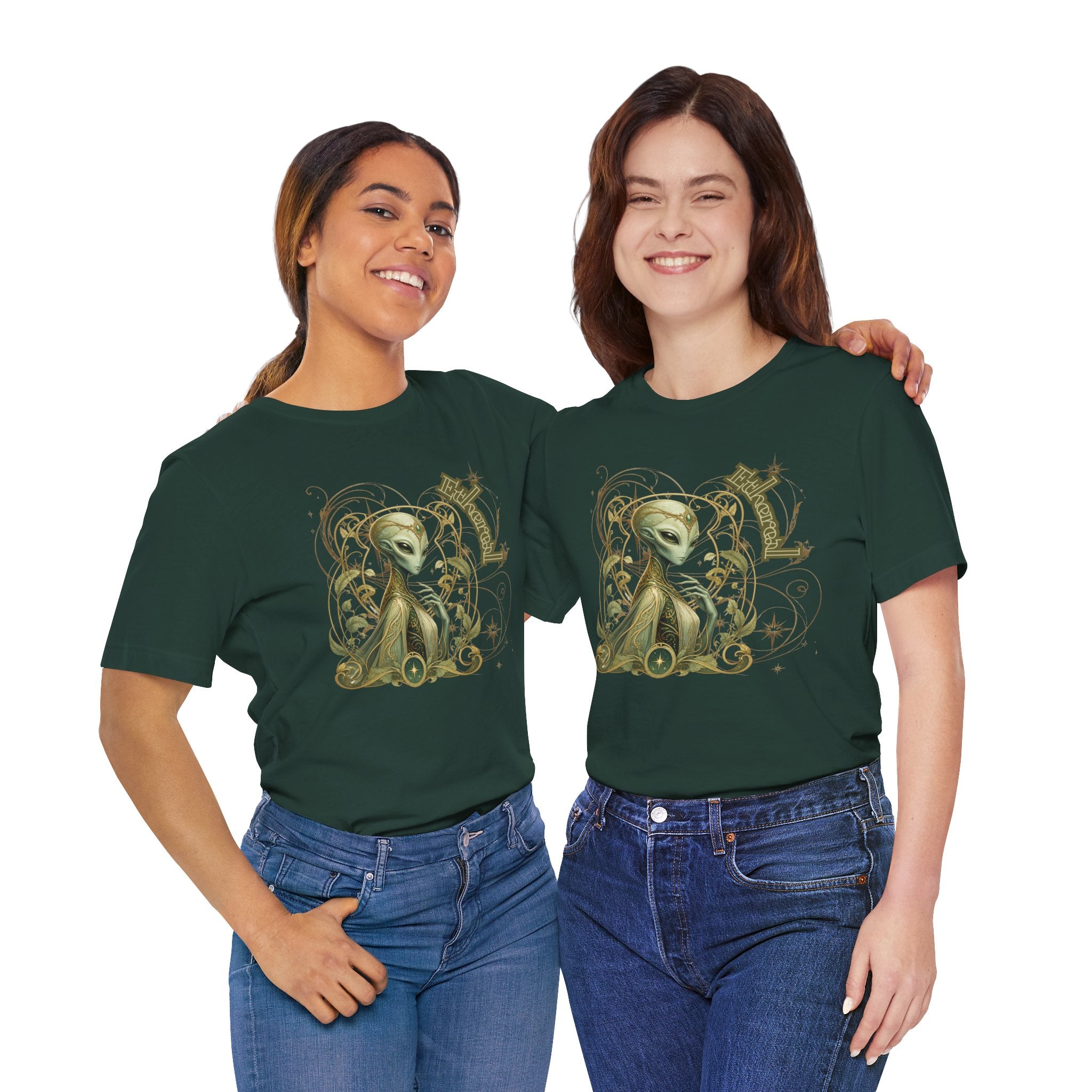 Alien Art Noveau Embrace T-Shirt — Mystical Green Alien Graphic Tee for Sci‑Fi Fans