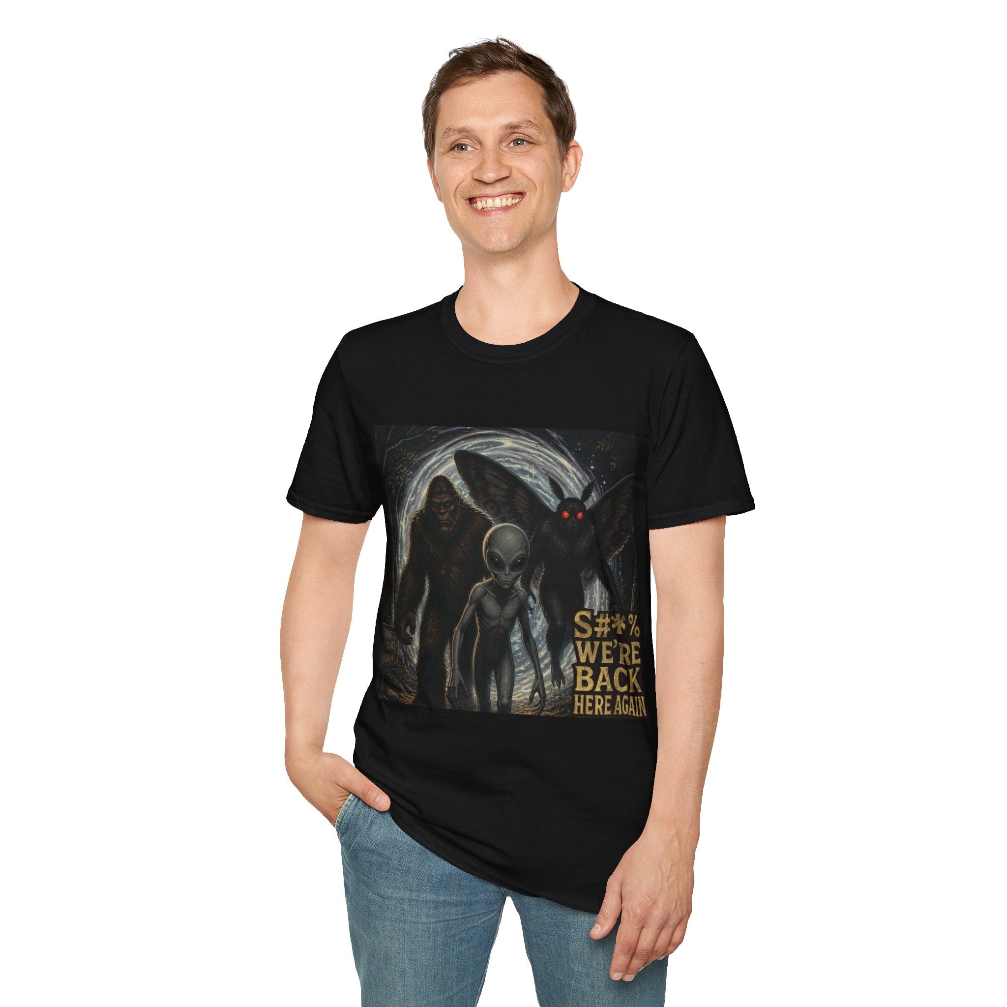 Creepy Cryptid Art T-Shirt :"S#*$ wer'e back here again" — Mothman & Alien Vintage Horror Design