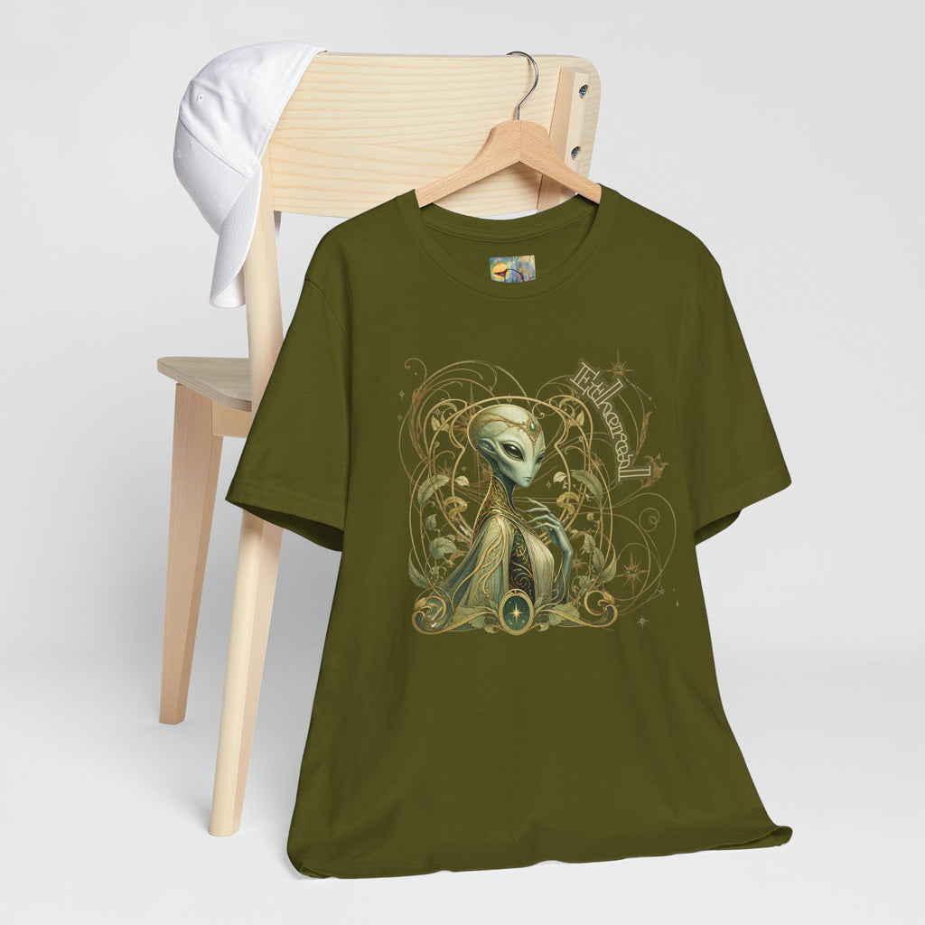 Alien Art Noveau Embrace T-Shirt — Mystical Green Alien Graphic Tee for Sci‑Fi Fans