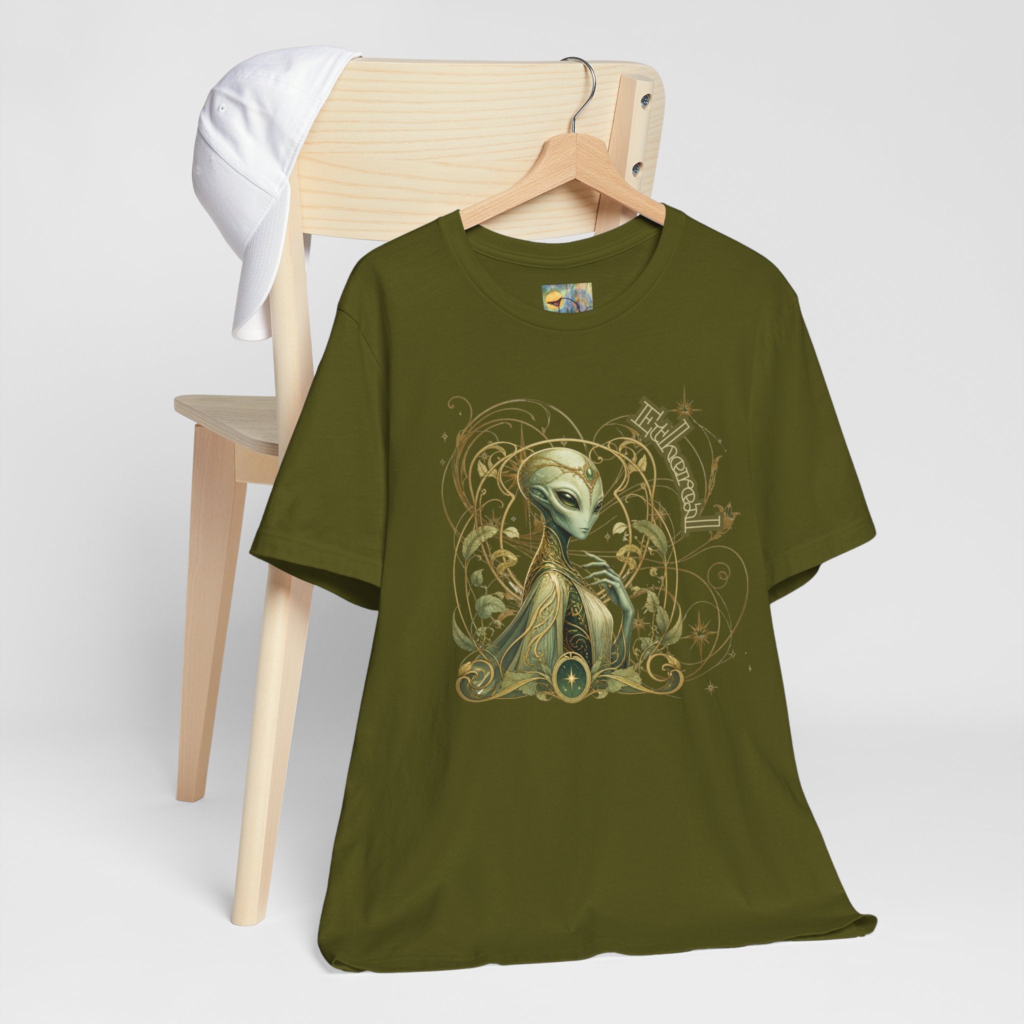 Alien Art Noveau Embrace T-Shirt — Mystical Green Alien Graphic Tee for Sci‑Fi Fans