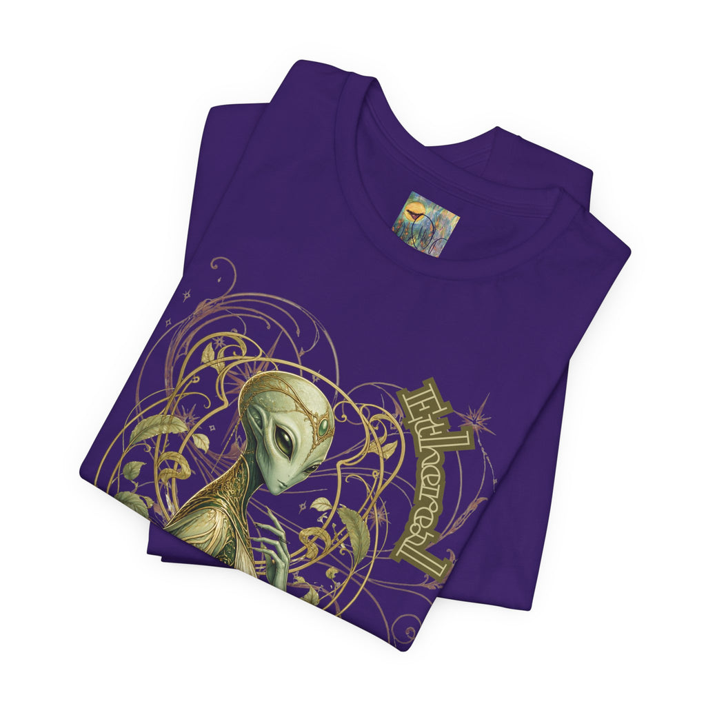 Alien Art Noveau Embrace T-Shirt — Mystical Green Alien Graphic Tee for Sci‑Fi Fans