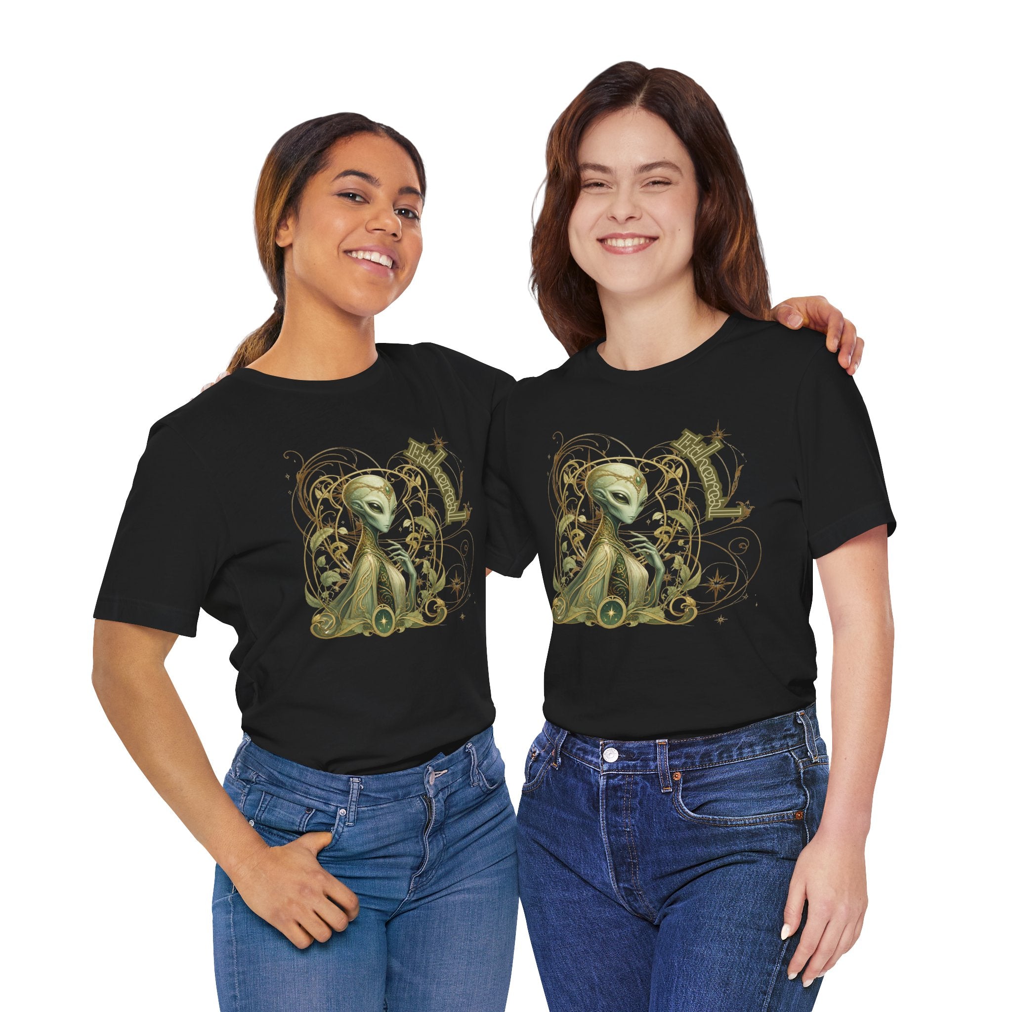 Alien Art Noveau Embrace T-Shirt — Mystical Green Alien Graphic Tee for Sci‑Fi Fans