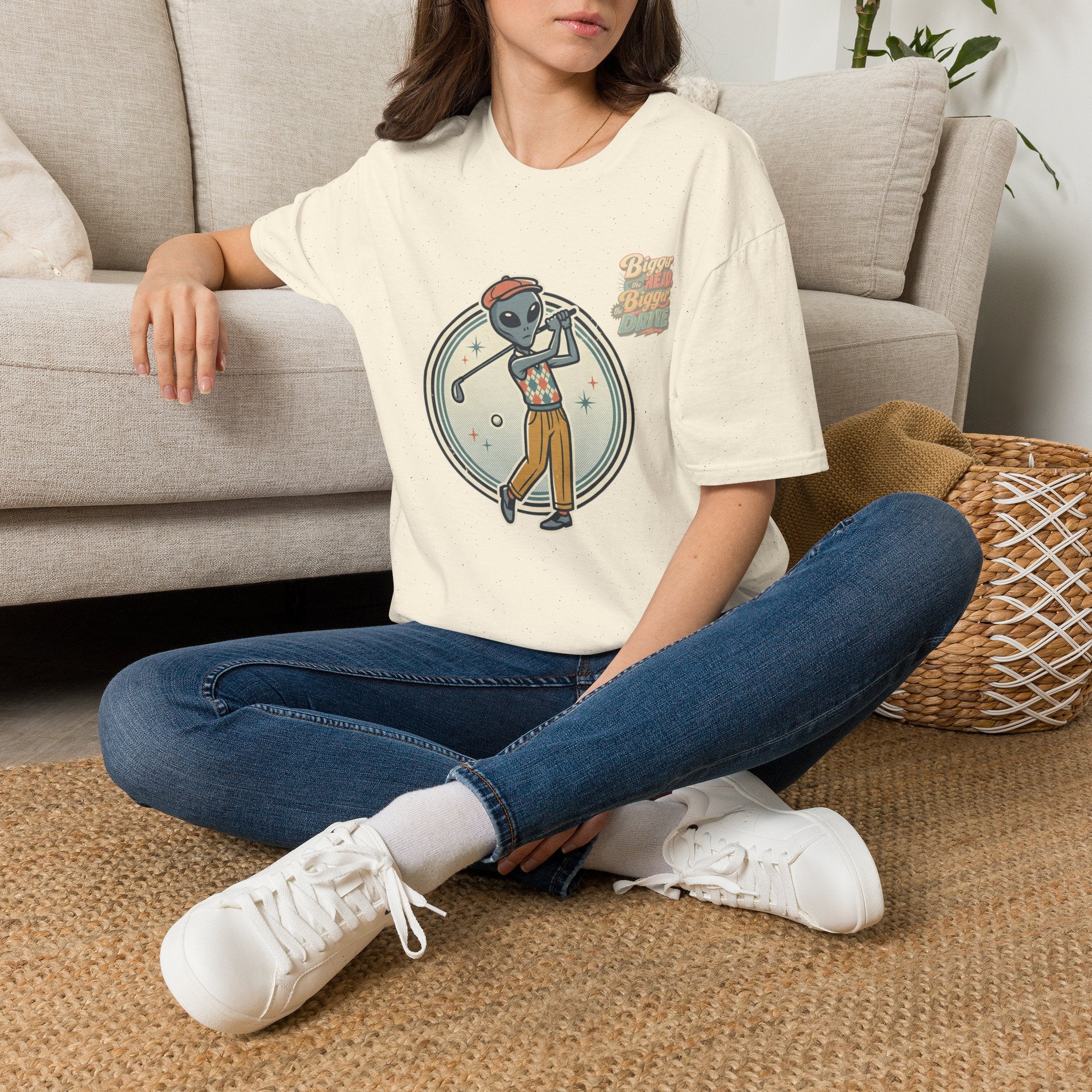 Alien Golfer T‑Shirt : The Bigger the Head, The Bigger the Drive"— Vintage Space Golf Graphic Tee