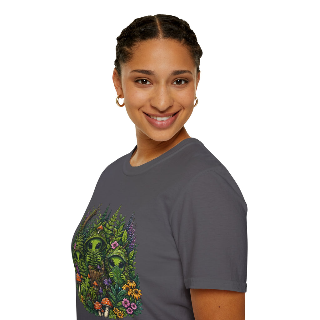 Alien Forest T-Shirt — Cute Green UFO Creatures with Mushrooms & Flowers