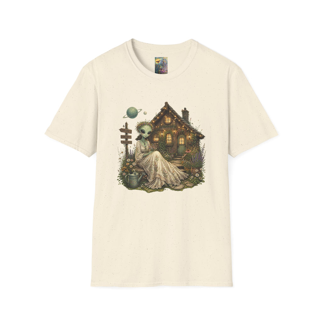 Alien Cottage T-Shirt — Whimsical Extraterrestrial Home Graphic