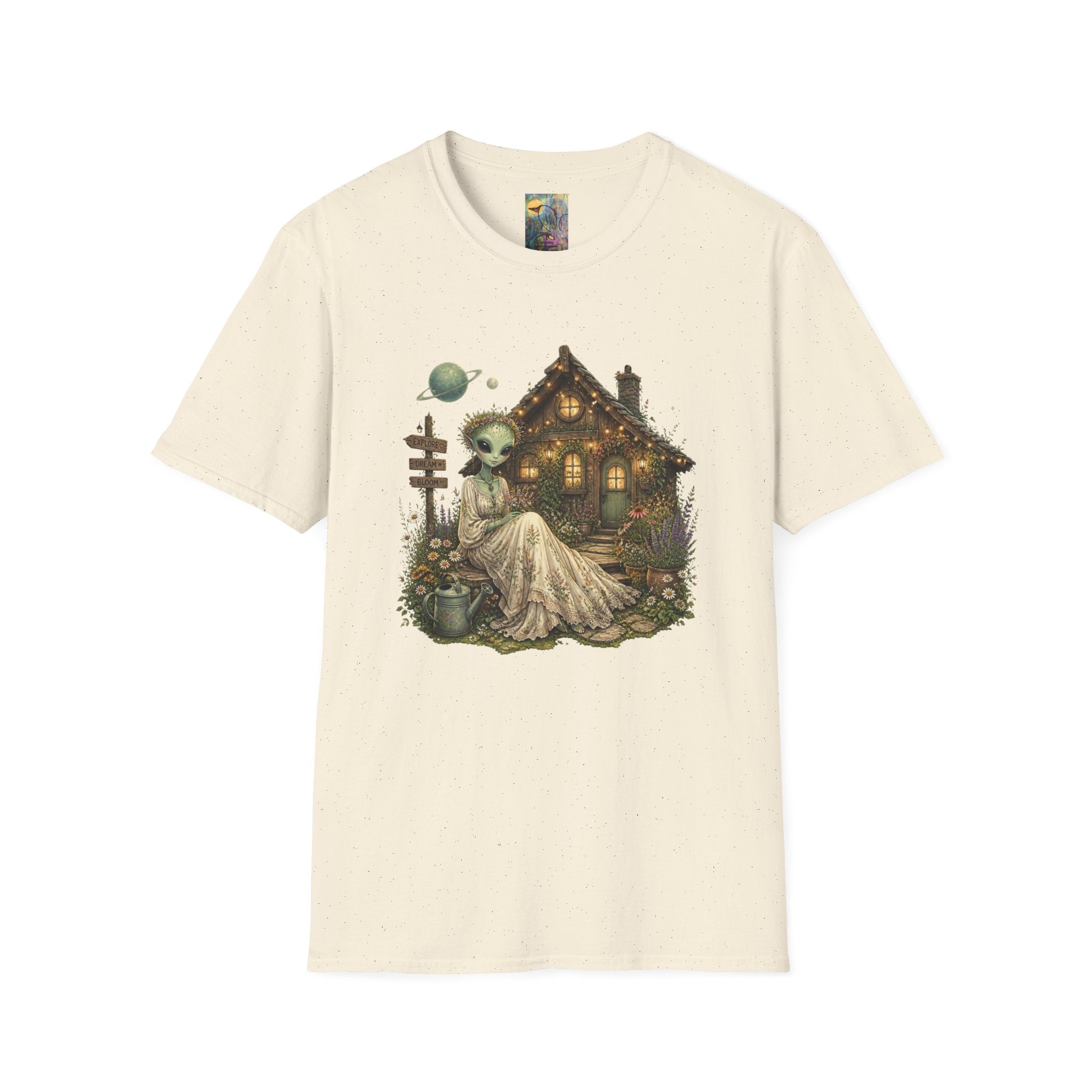 Alien Cottage T-Shirt — Whimsical Extraterrestrial Home Graphic