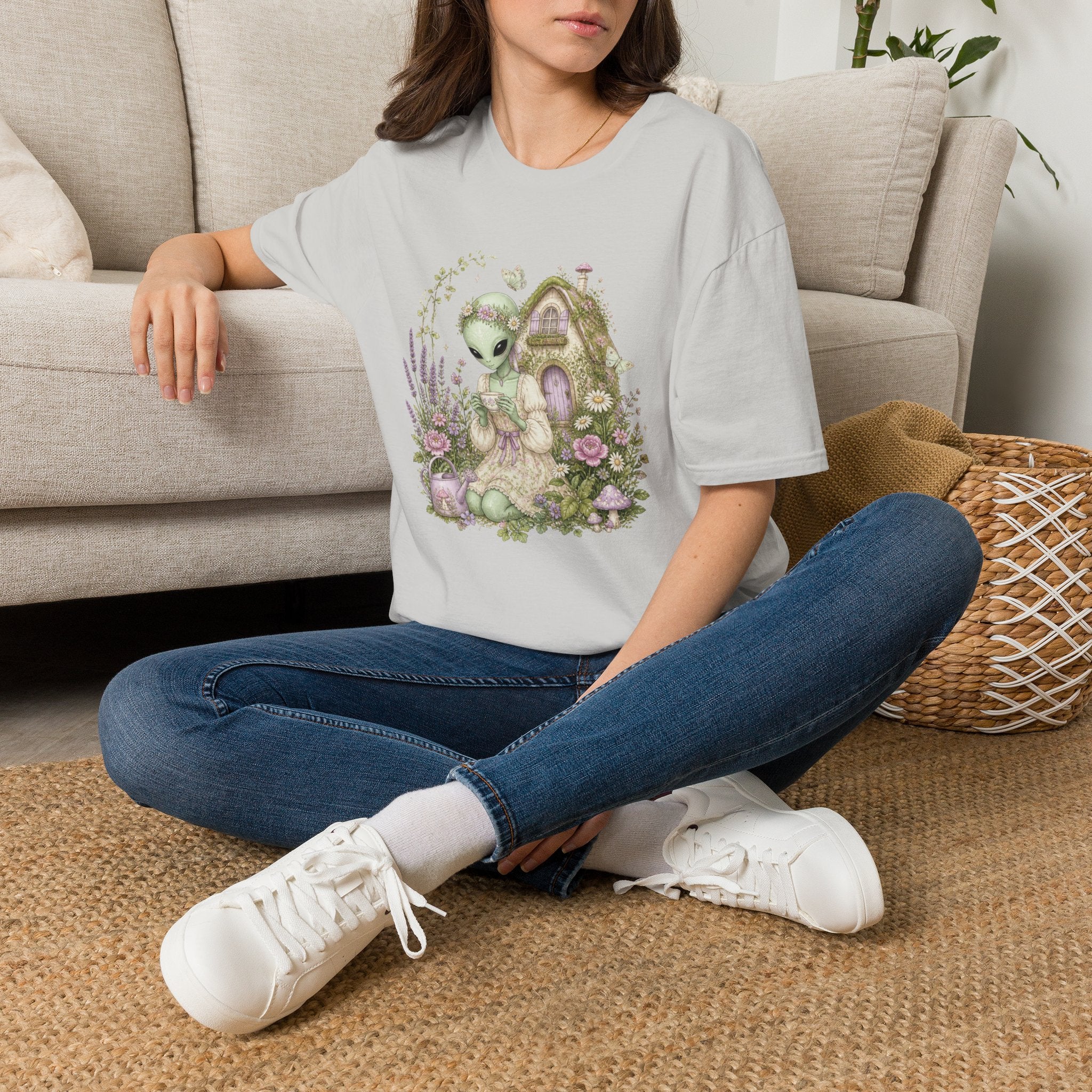 Alien Cottage Tee — Whimsical Floral Alien Garden T-Shirt