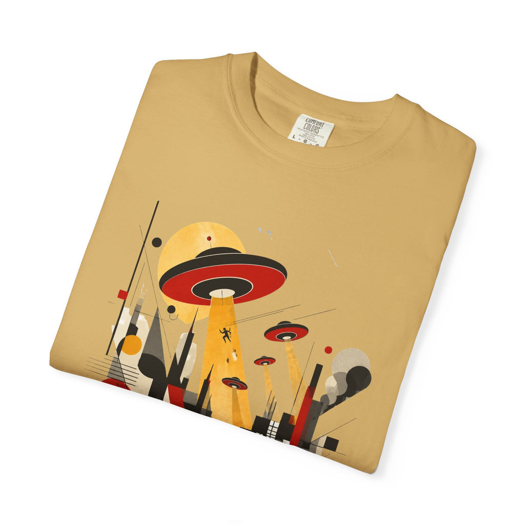 Alien Invasion Bauhaus Graphic T-Shirt — Retro Sci‑Fi Cityscape Design