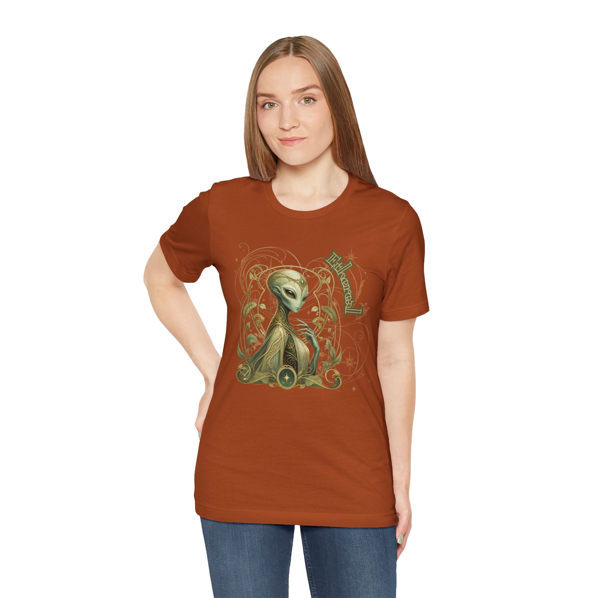 Alien Art Noveau Embrace T-Shirt — Mystical Green Alien Graphic Tee for Sci‑Fi Fans