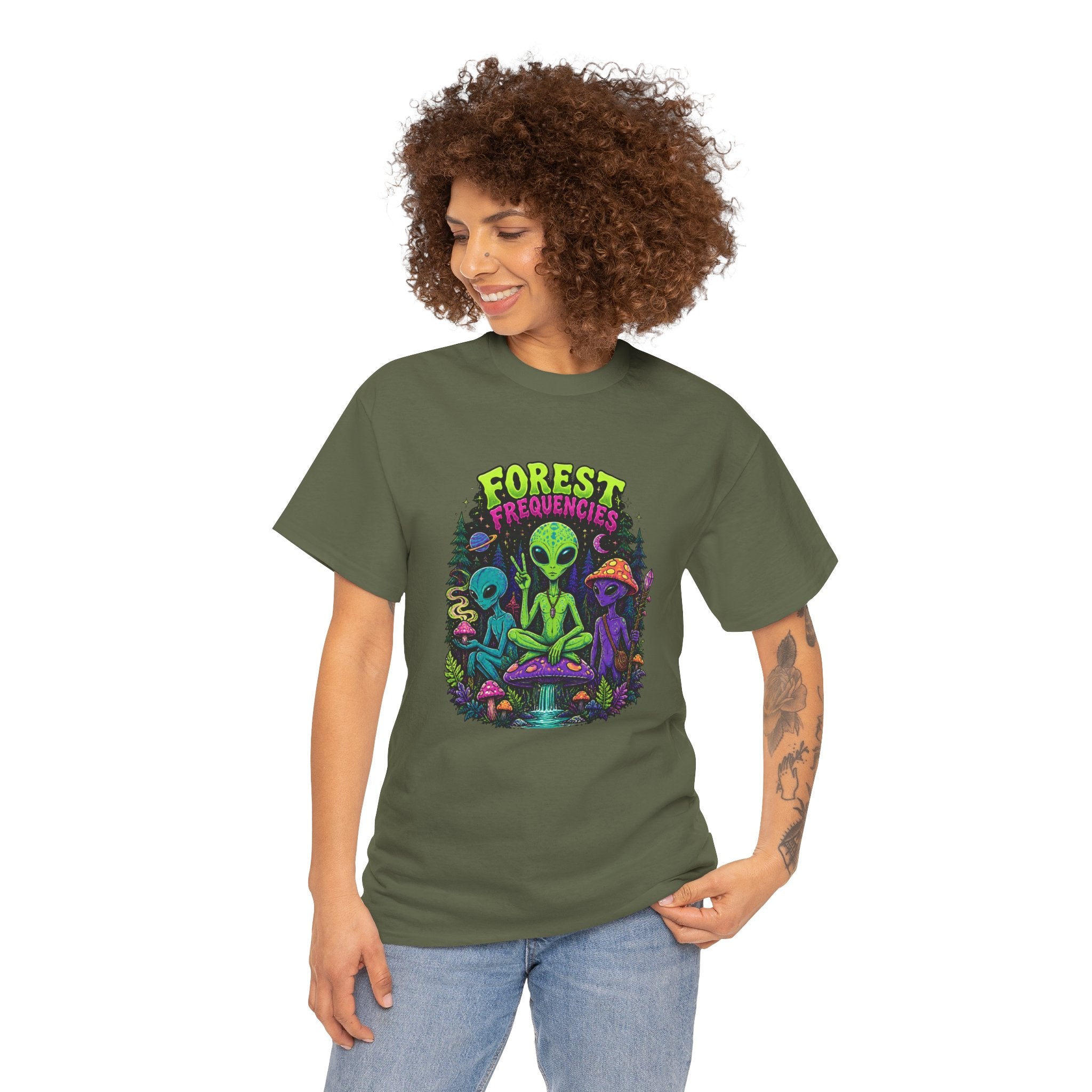 Forest Frequencies Alien T-Shirt — Psychedelic Mushroom Meditation Tee