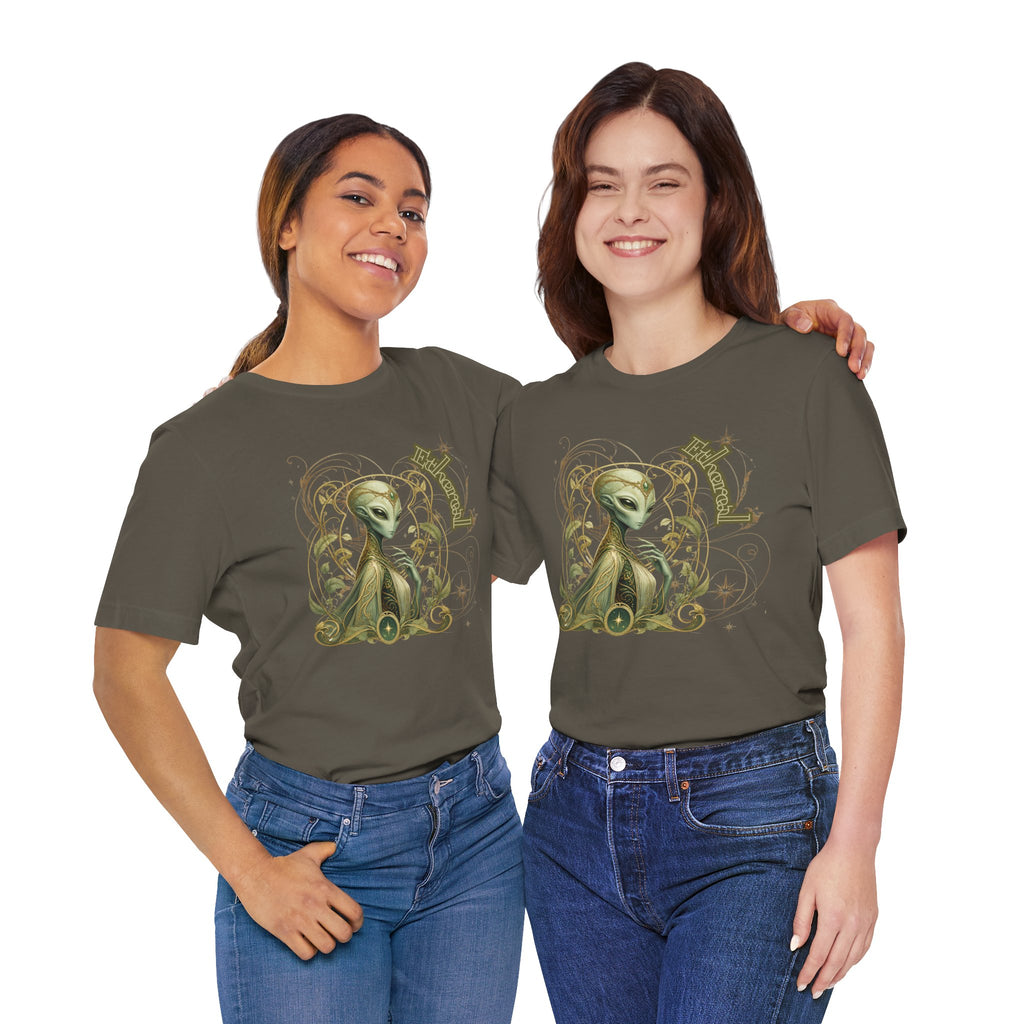 Alien Art Noveau Embrace T-Shirt — Mystical Green Alien Graphic Tee for Sci‑Fi Fans