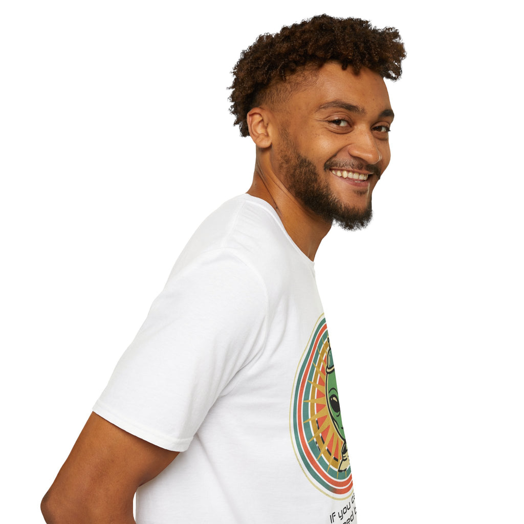 Alien Graphic T-Shirt — Retro Green Alien with Rainbow Halo ("If you can see me you need better tinfoil")