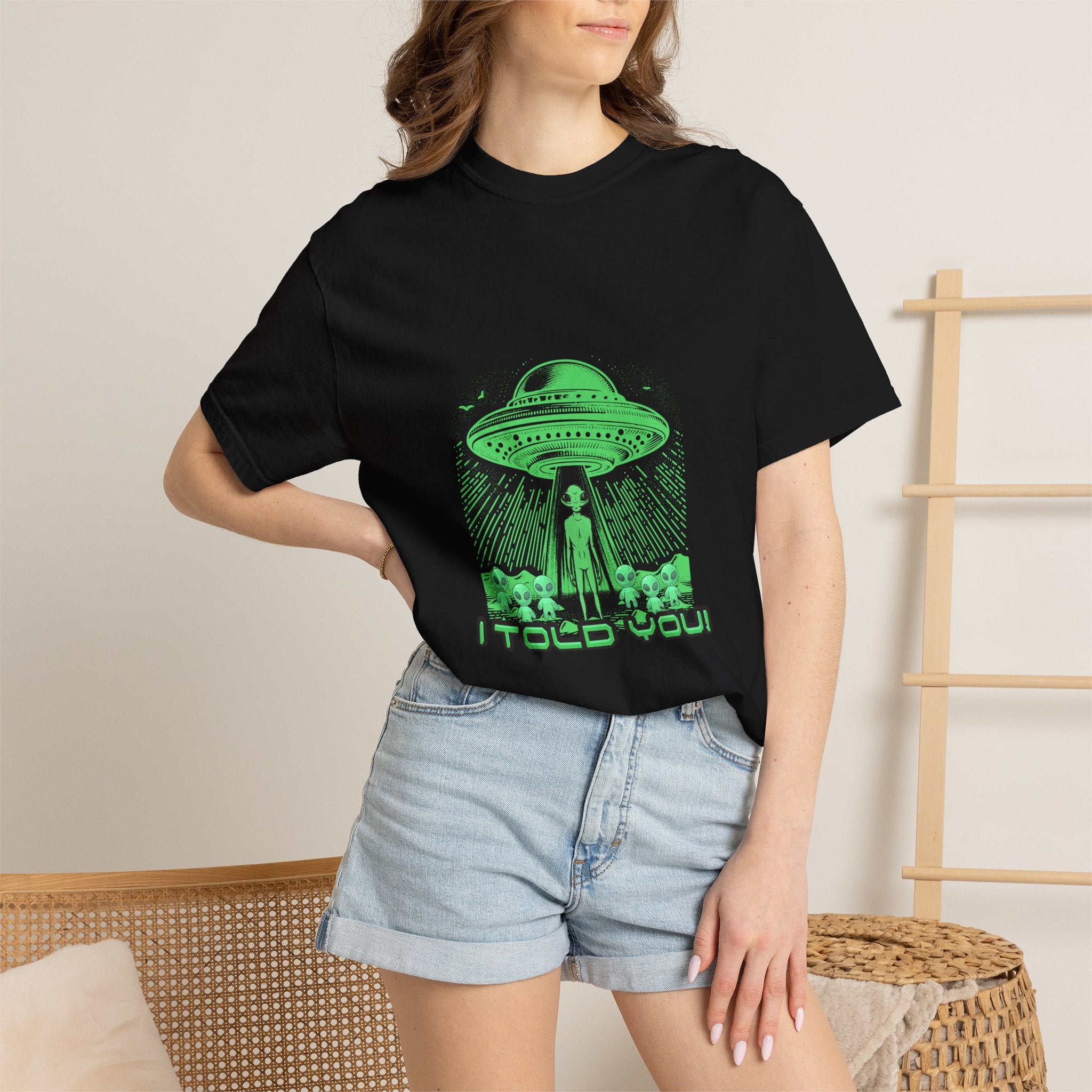 Alien Abduction T-Shirt — "I Told You" Neon UFO Graphic