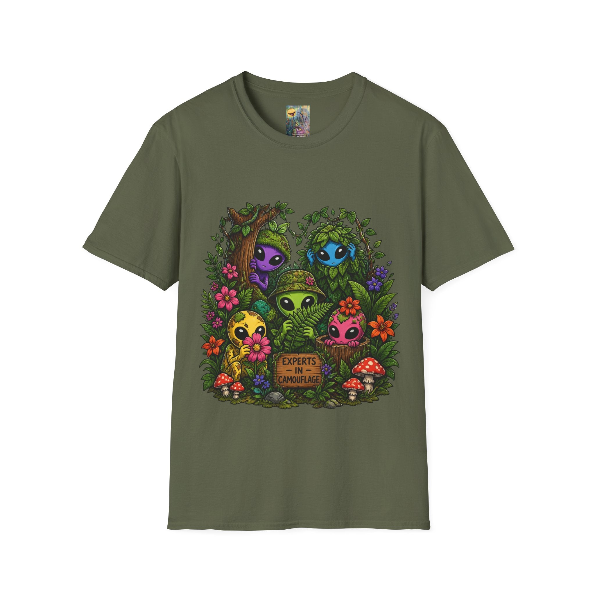 "Experts in Camouflage" Alien Friends T-Shirt — Cute Forest ETs Peeking Through Leaves