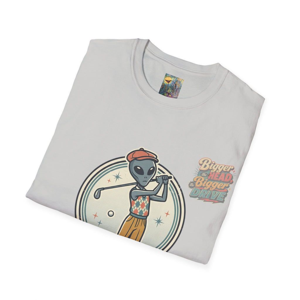 Alien Golfer T‑Shirt : The Bigger the Head, The Bigger the Drive"— Vintage Space Golf Graphic Tee