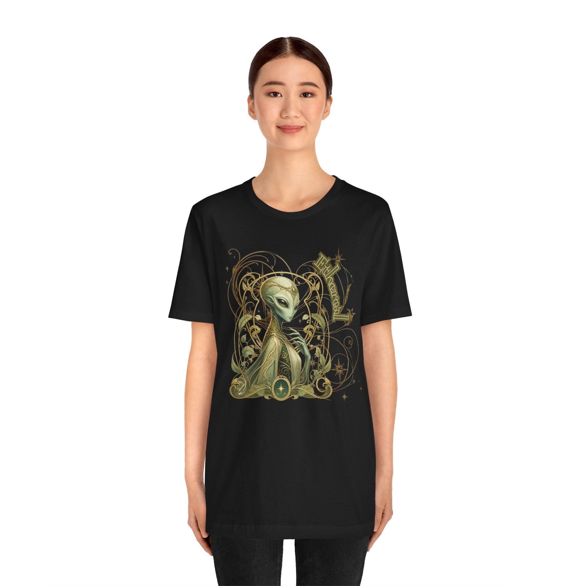 Alien Art Noveau Embrace T-Shirt — Mystical Green Alien Graphic Tee for Sci‑Fi Fans