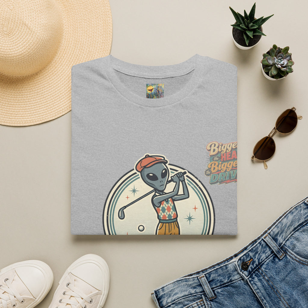 Alien Golfer T‑Shirt : The Bigger the Head, The Bigger the Drive"— Vintage Space Golf Graphic Tee