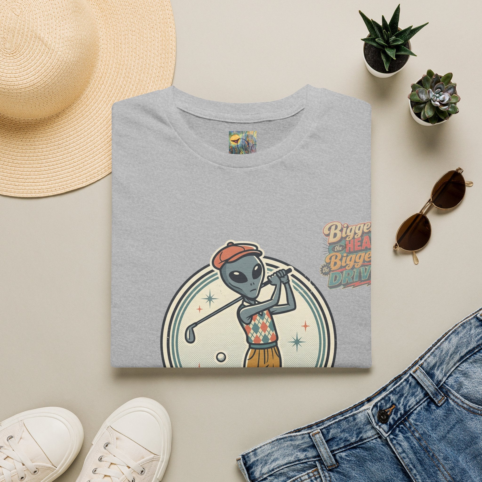 Alien Golfer T‑Shirt : The Bigger the Head, The Bigger the Drive"— Vintage Space Golf Graphic Tee
