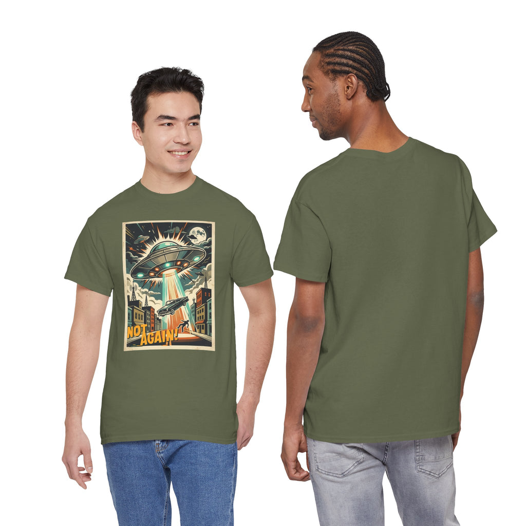 Pop Sci-fi Alien Invasion T-Shirt — Vintage UFO 'Not Again!' Graphic Tee