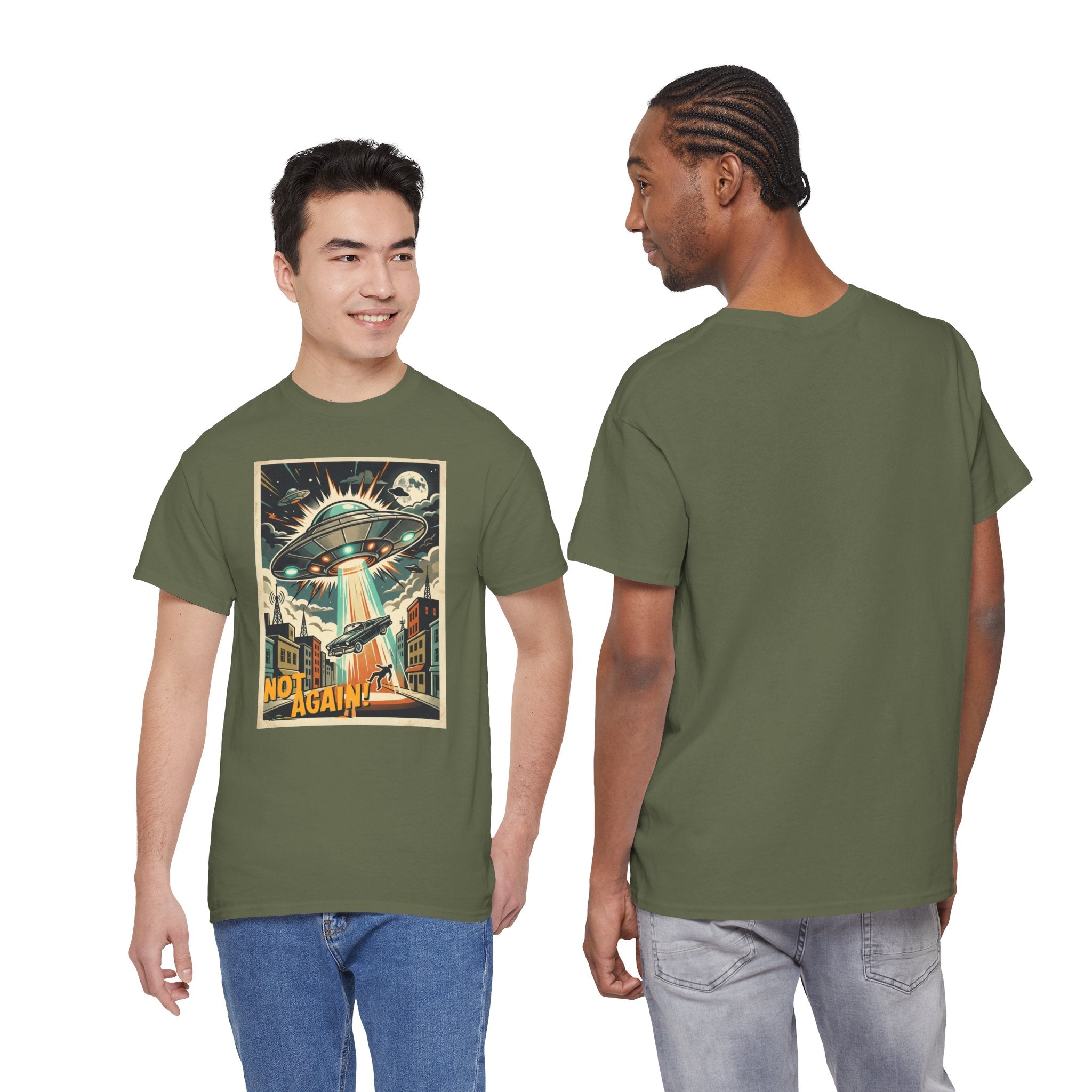 Pop Sci-fi Alien Invasion T-Shirt — Vintage UFO 'Not Again!' Graphic Tee