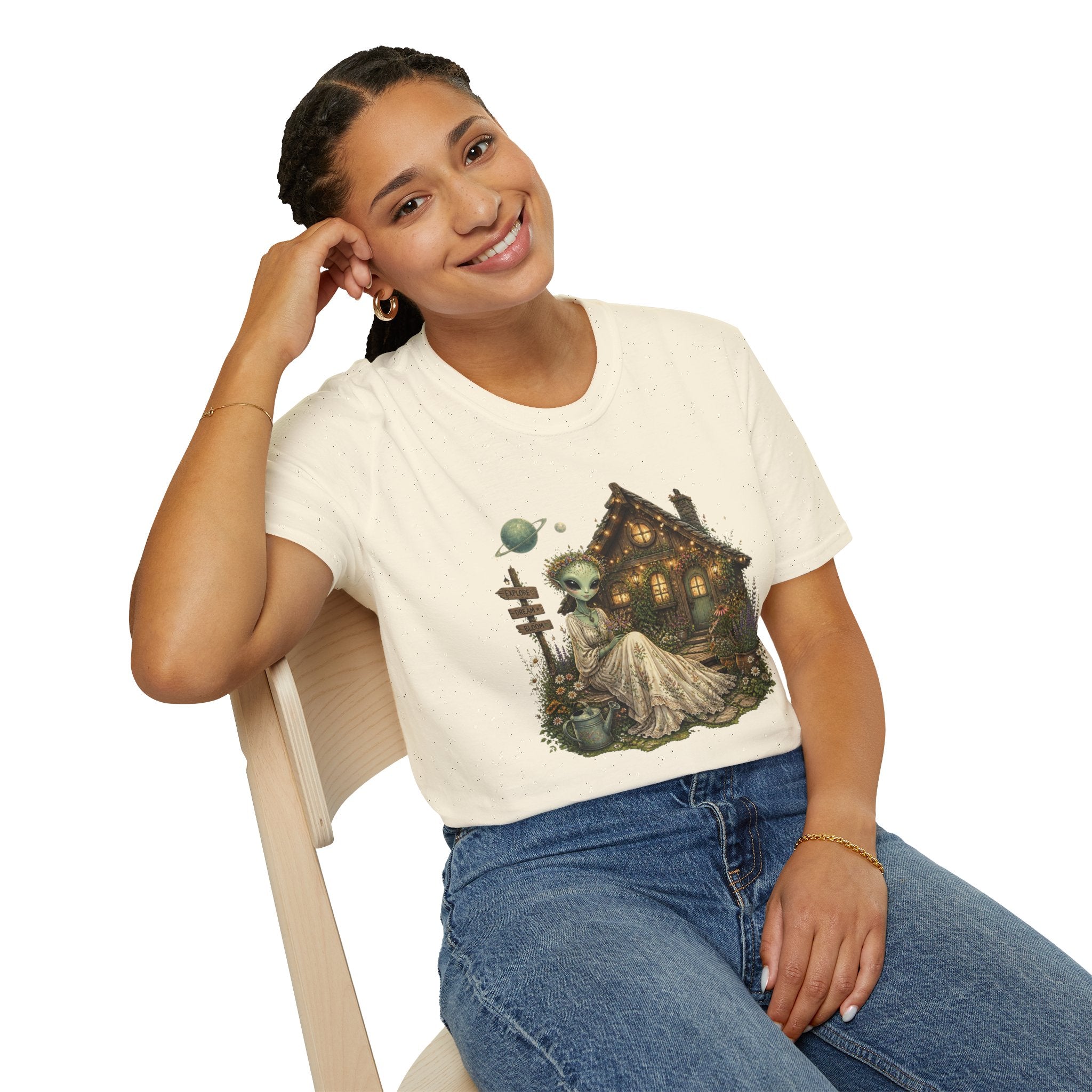 Alien Cottage T-Shirt — Whimsical Extraterrestrial Home Graphic