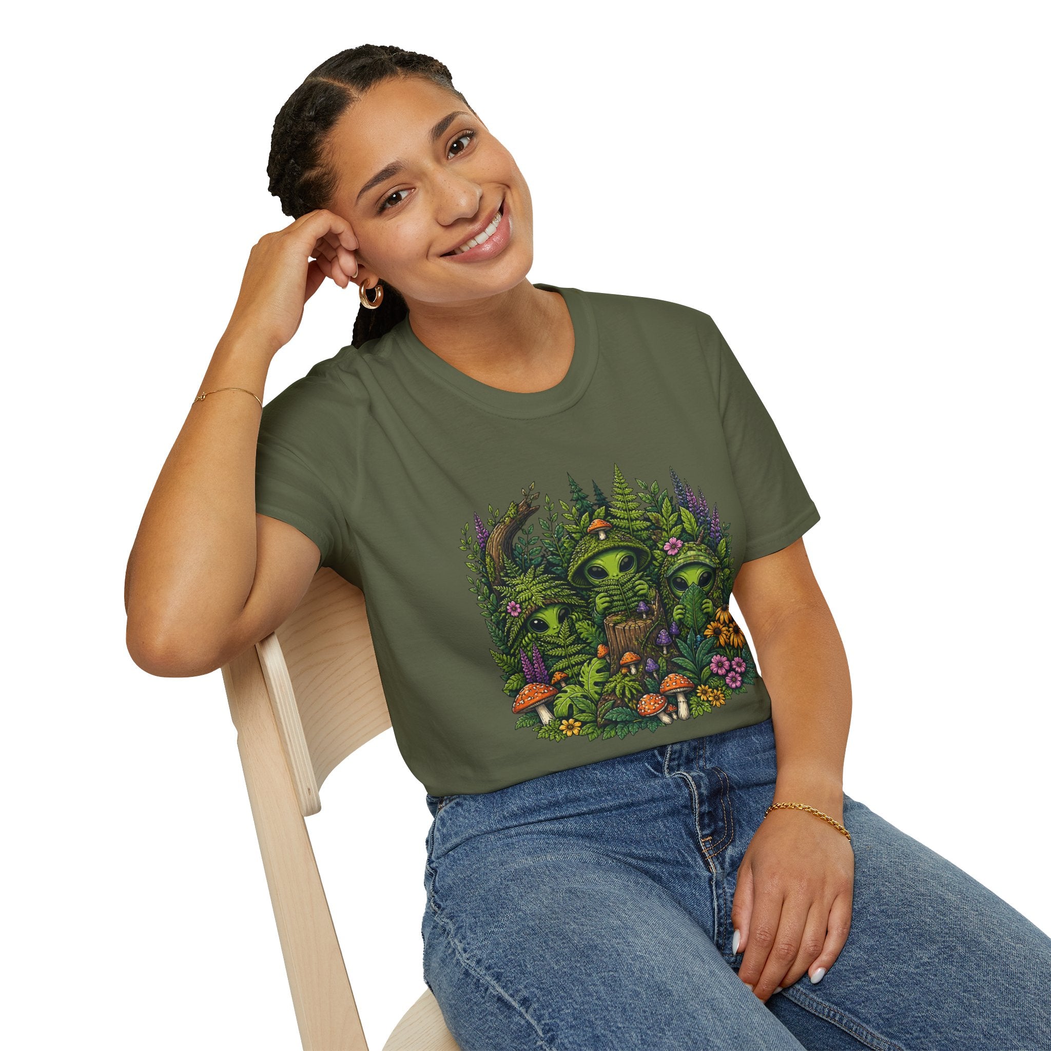 Alien Forest T-Shirt — Cute Green UFO Creatures with Mushrooms & Flowers