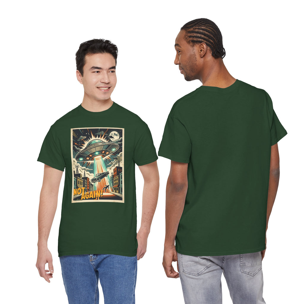 Pop Sci-fi Alien Invasion T-Shirt — Vintage UFO 'Not Again!' Graphic Tee