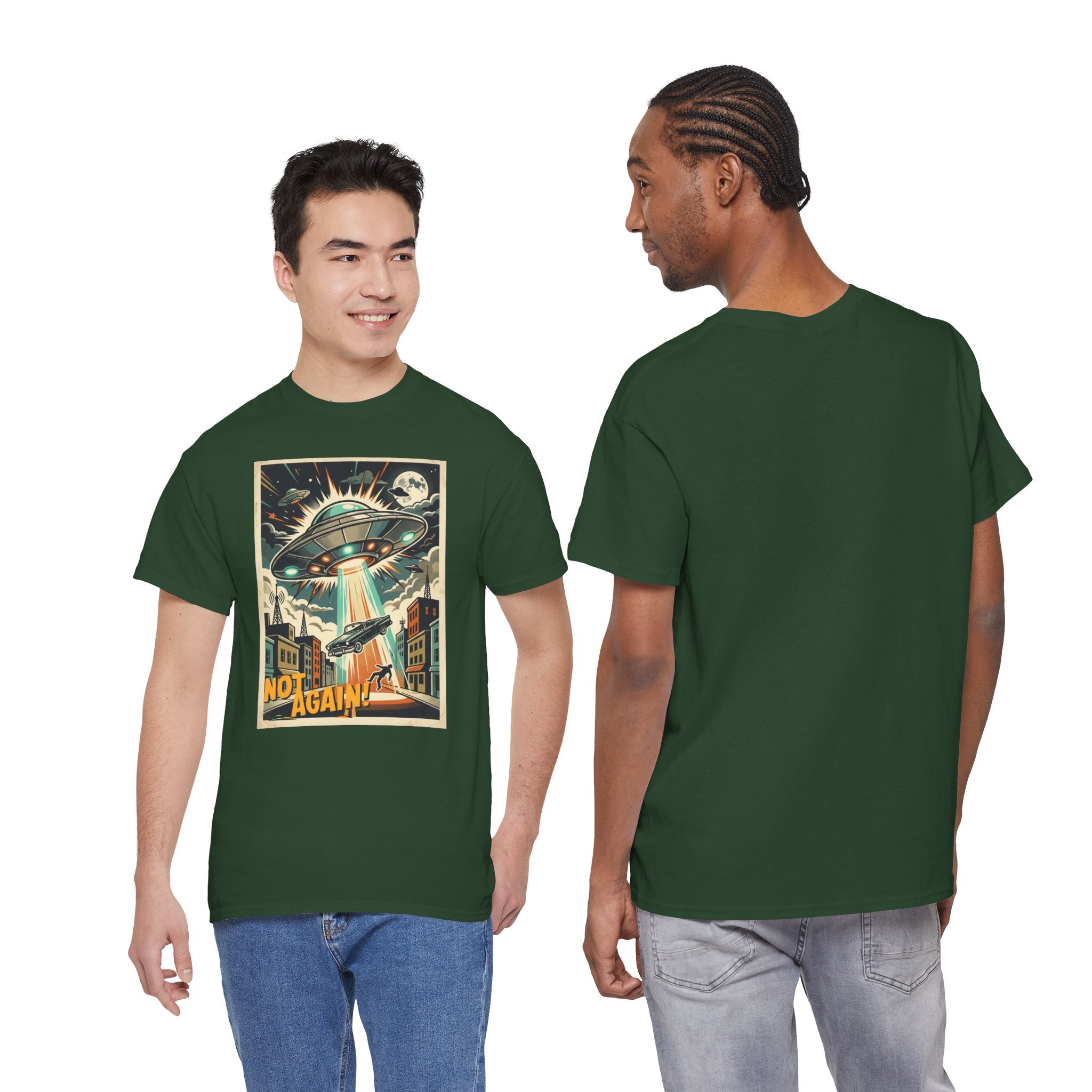 Pop Sci-fi Alien Invasion T-Shirt — Vintage UFO 'Not Again!' Graphic Tee