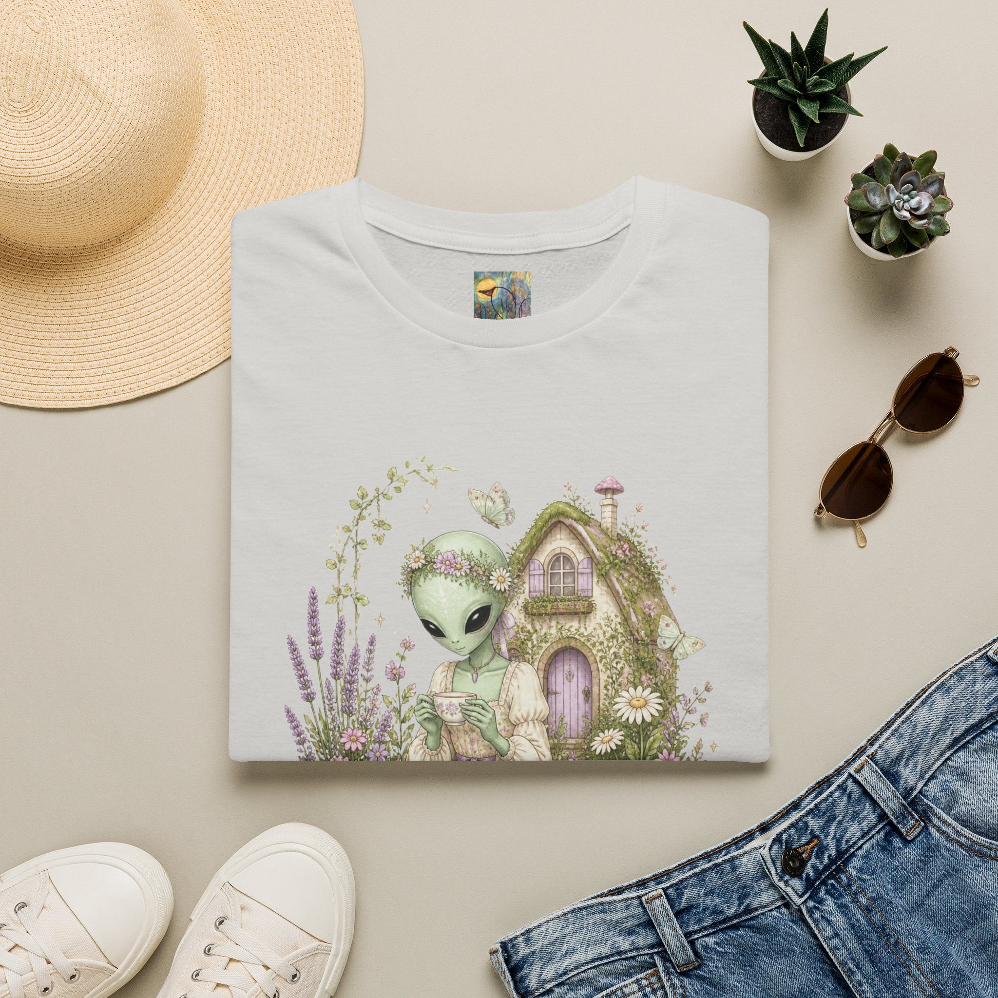 Alien Cottage Tee — Whimsical Floral Alien Garden T-Shirt