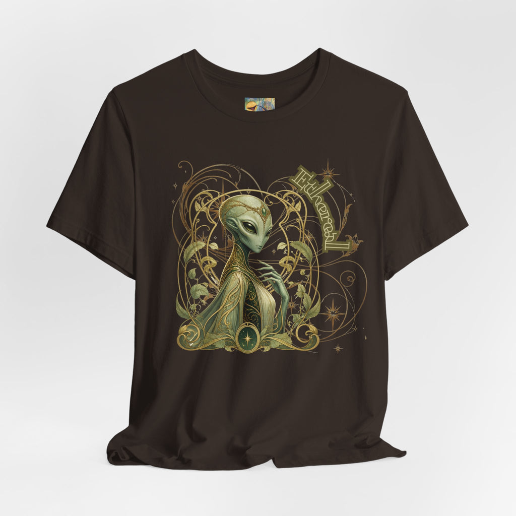 Alien Art Noveau Embrace T-Shirt — Mystical Green Alien Graphic Tee for Sci‑Fi Fans