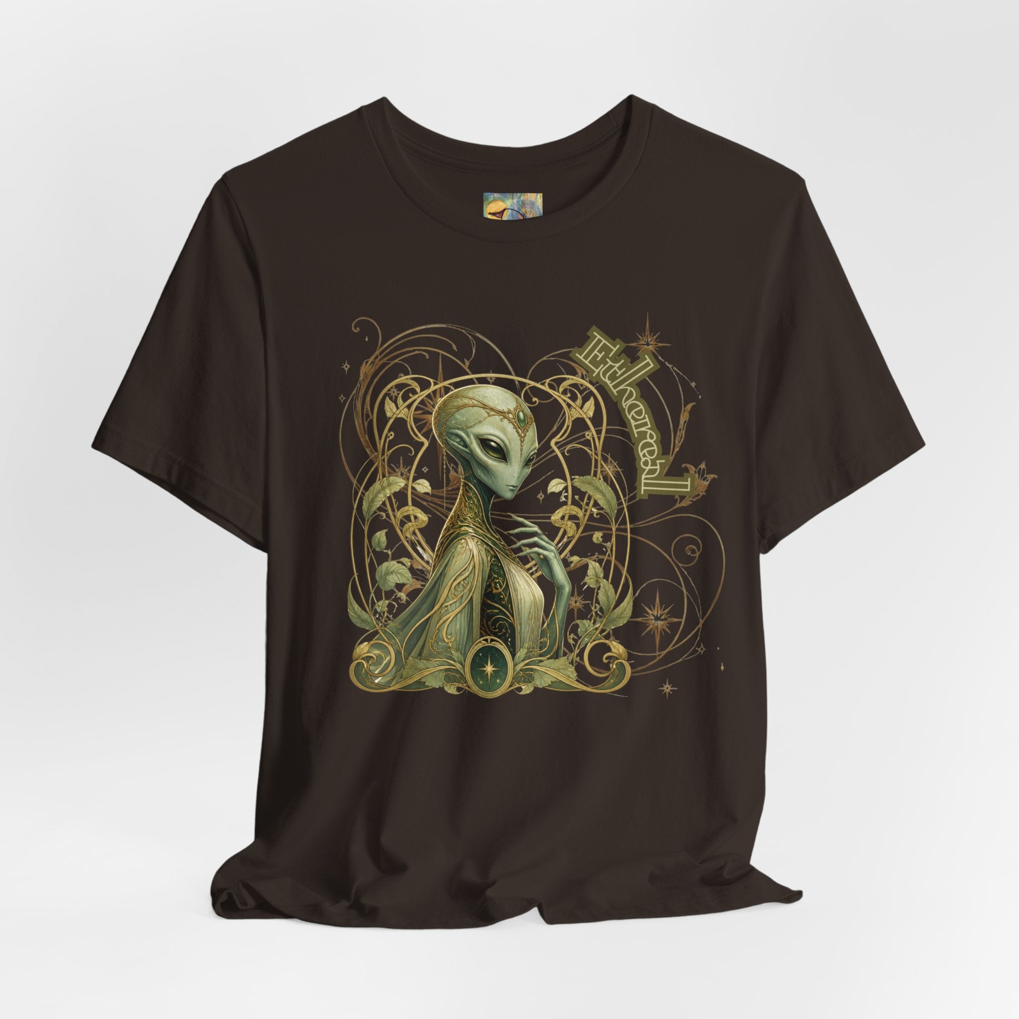 Alien Art Noveau Embrace T-Shirt — Mystical Green Alien Graphic Tee for Sci‑Fi Fans
