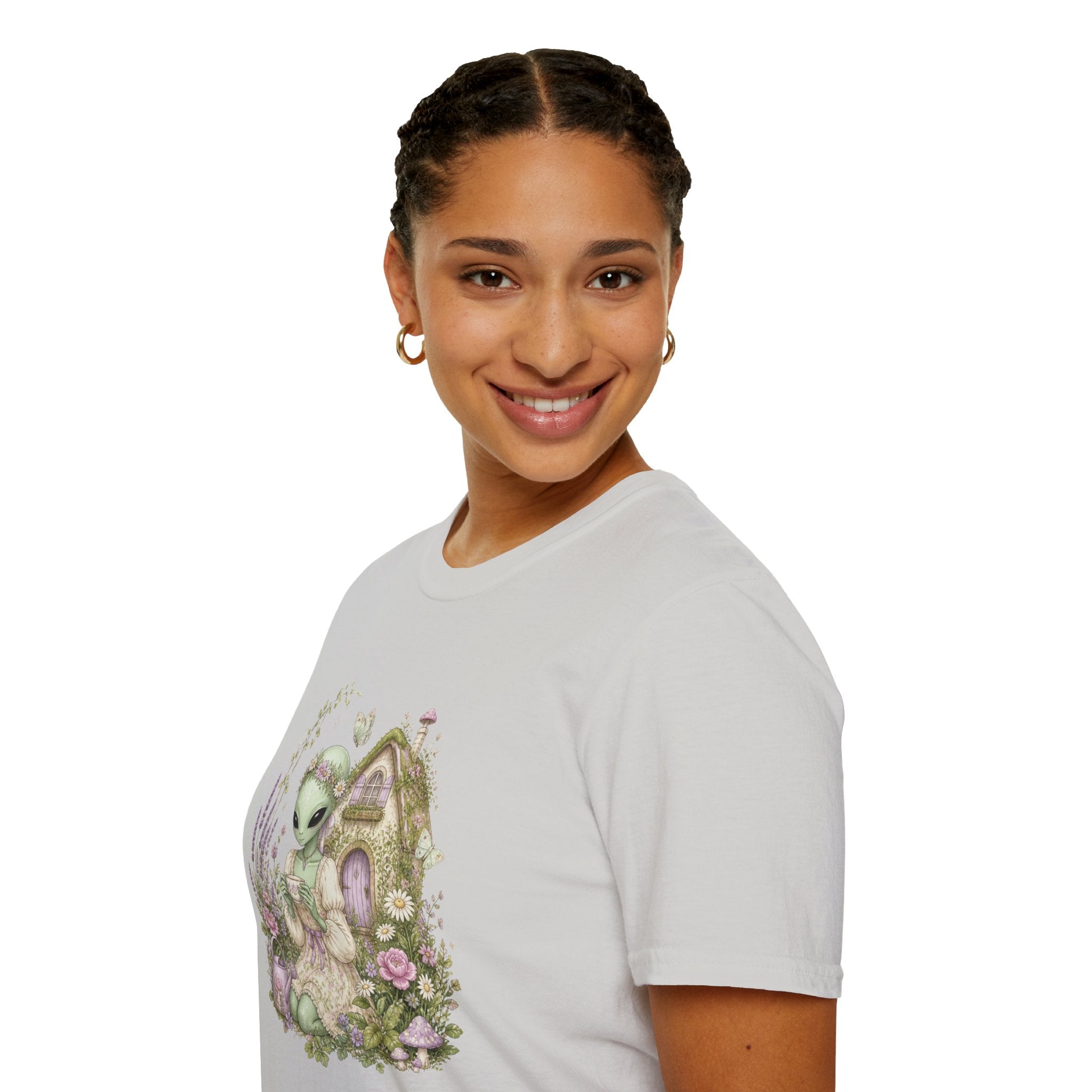 Alien Cottage Tee — Whimsical Floral Alien Garden T-Shirt