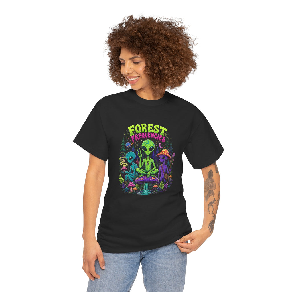 Forest Frequencies Alien T-Shirt — Psychedelic Mushroom Meditation Tee