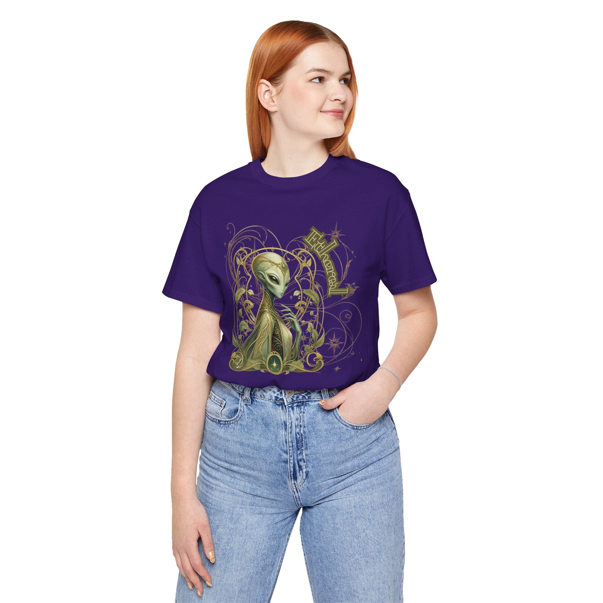 Alien Art Noveau Embrace T-Shirt — Mystical Green Alien Graphic Tee for Sci‑Fi Fans