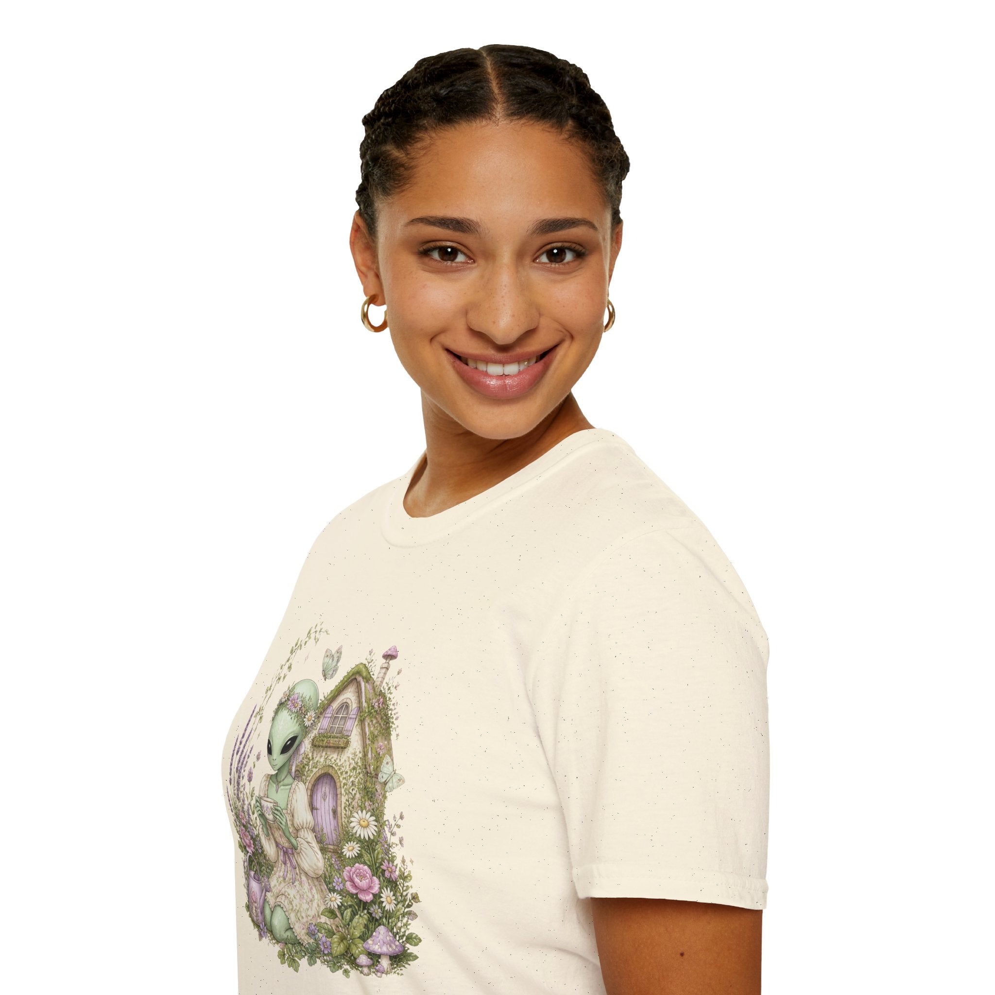 Alien Cottage Tee — Whimsical Floral Alien Garden T-Shirt