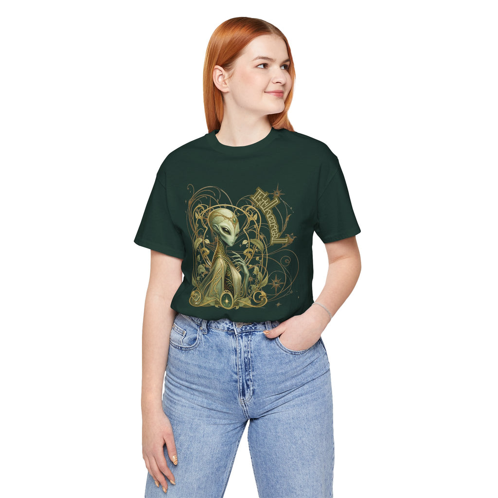 Alien Art Noveau Embrace T-Shirt — Mystical Green Alien Graphic Tee for Sci‑Fi Fans
