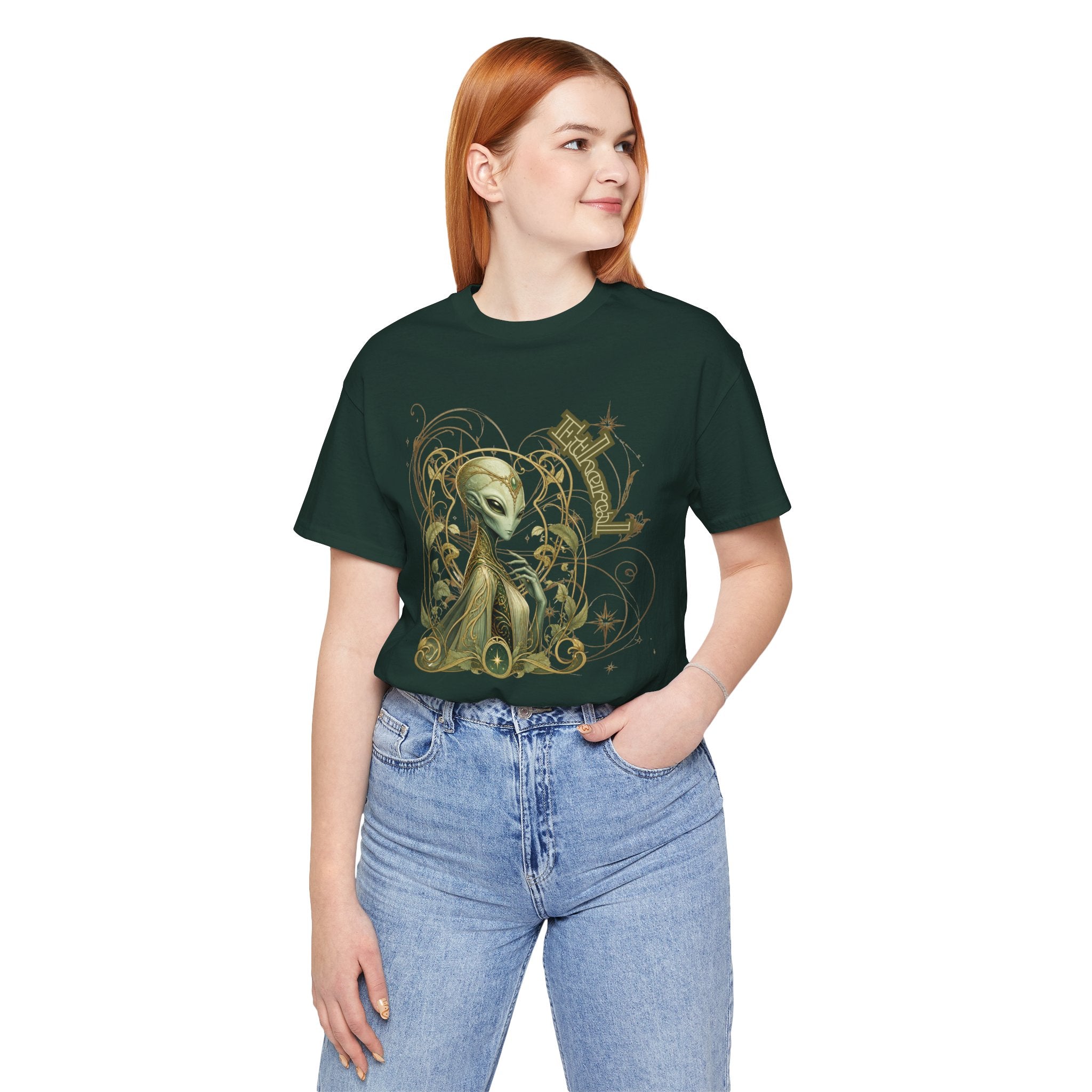 Alien Art Noveau Embrace T-Shirt — Mystical Green Alien Graphic Tee for Sci‑Fi Fans