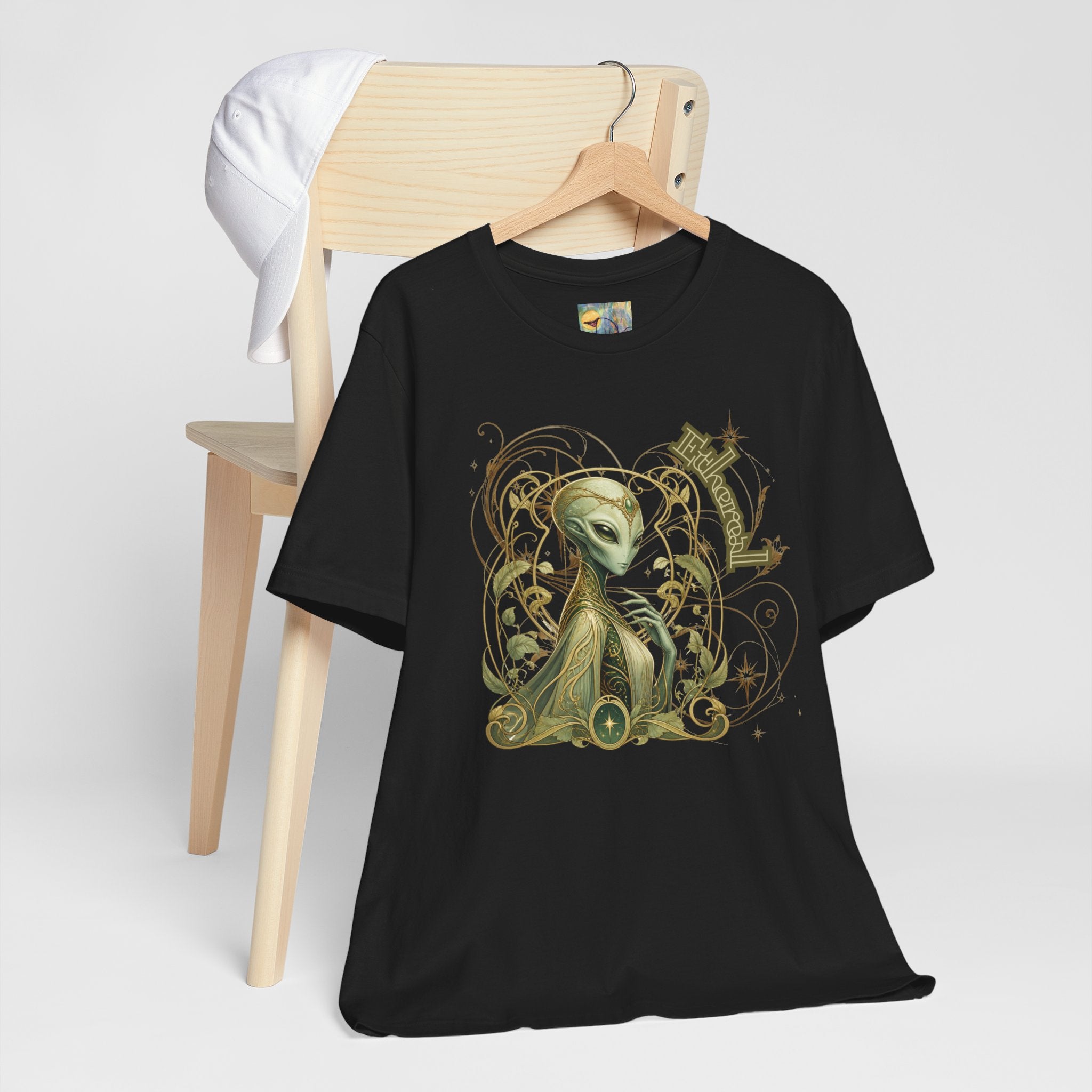 Alien Art Noveau Embrace T-Shirt — Mystical Green Alien Graphic Tee for Sci‑Fi Fans