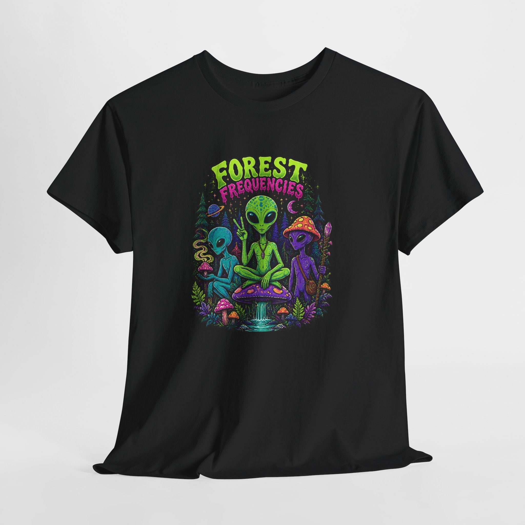Forest Frequencies Alien T-Shirt — Psychedelic Mushroom Meditation Tee
