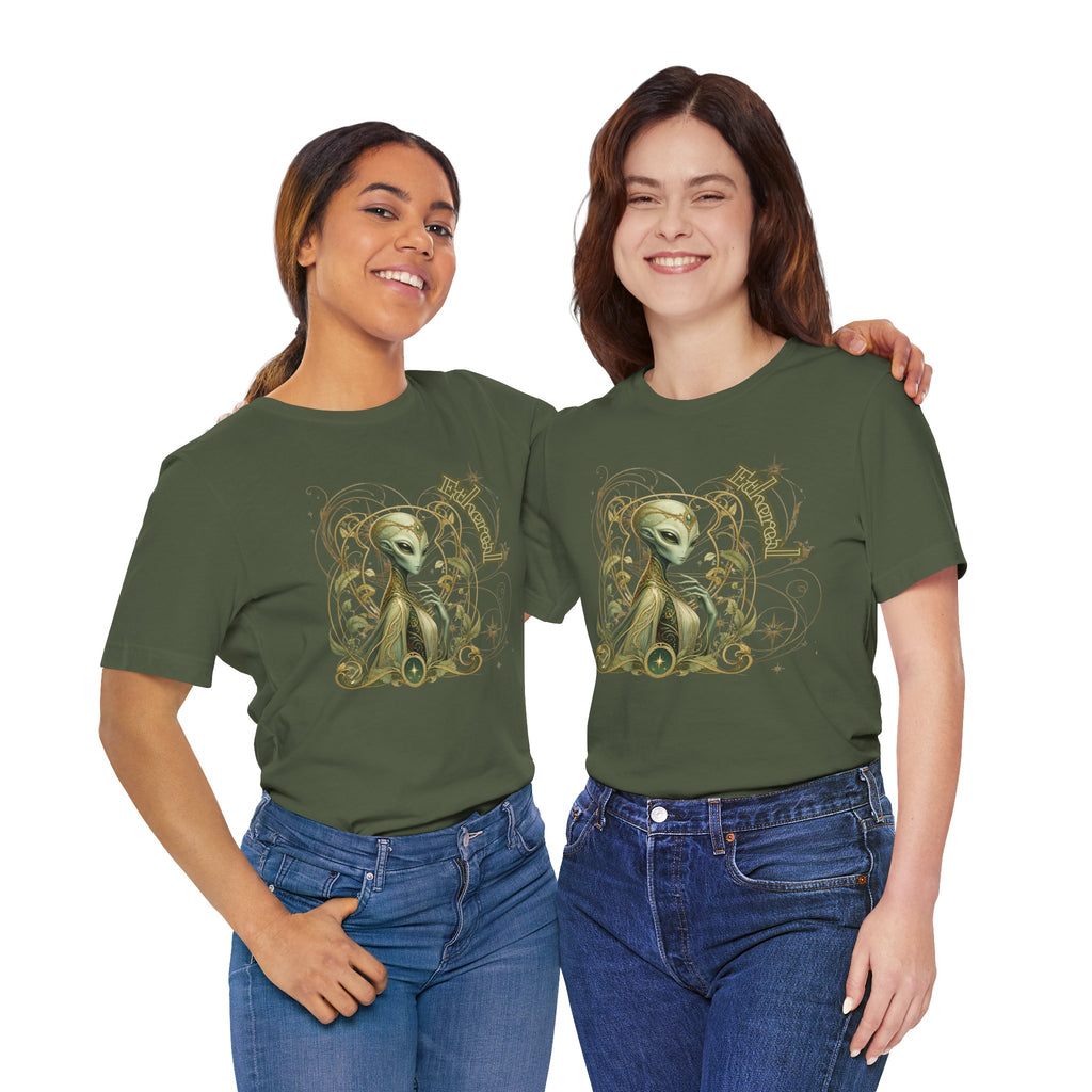 Alien Art Noveau Embrace T-Shirt — Mystical Green Alien Graphic Tee for Sci‑Fi Fans