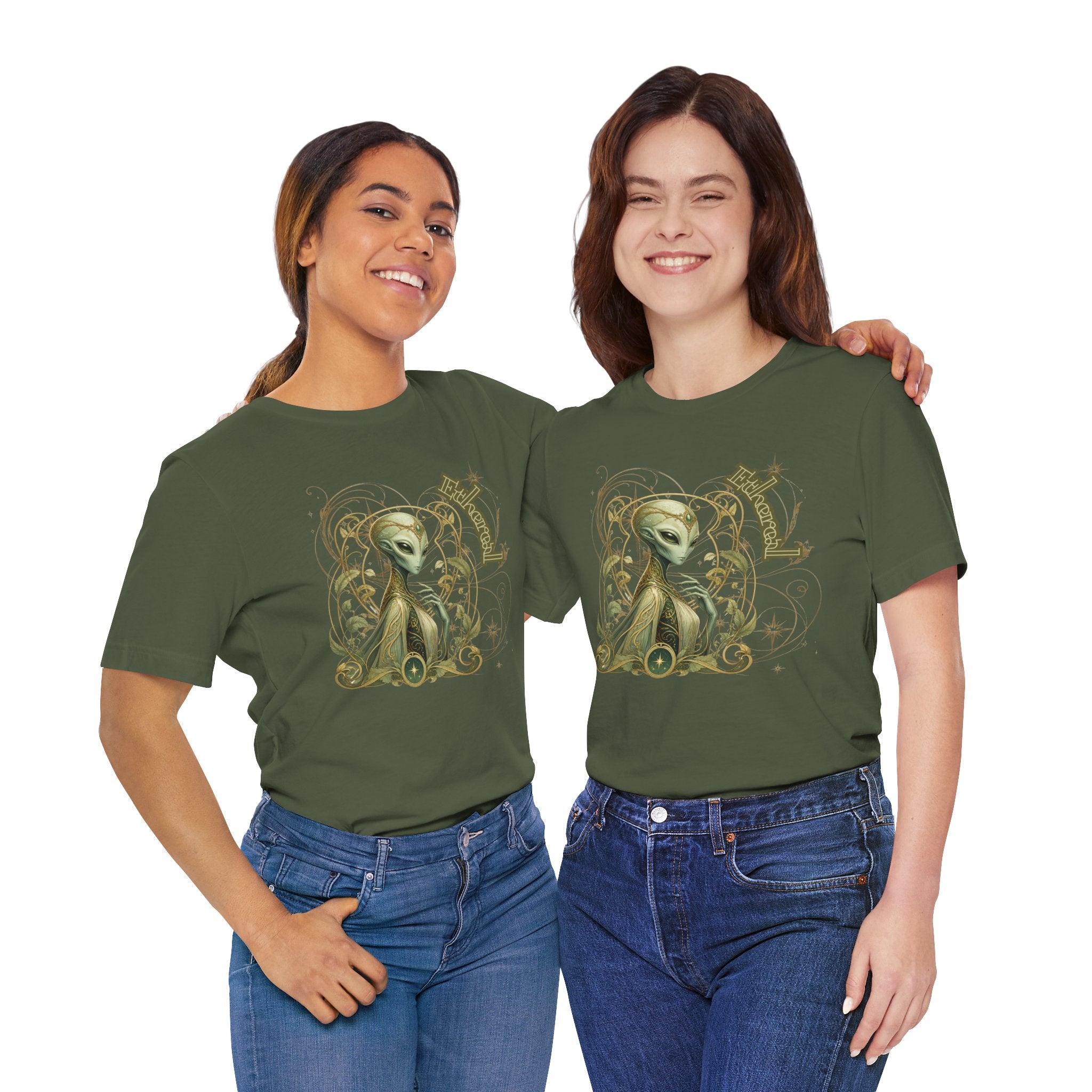 Alien Art Noveau Embrace T-Shirt — Mystical Green Alien Graphic Tee for Sci‑Fi Fans