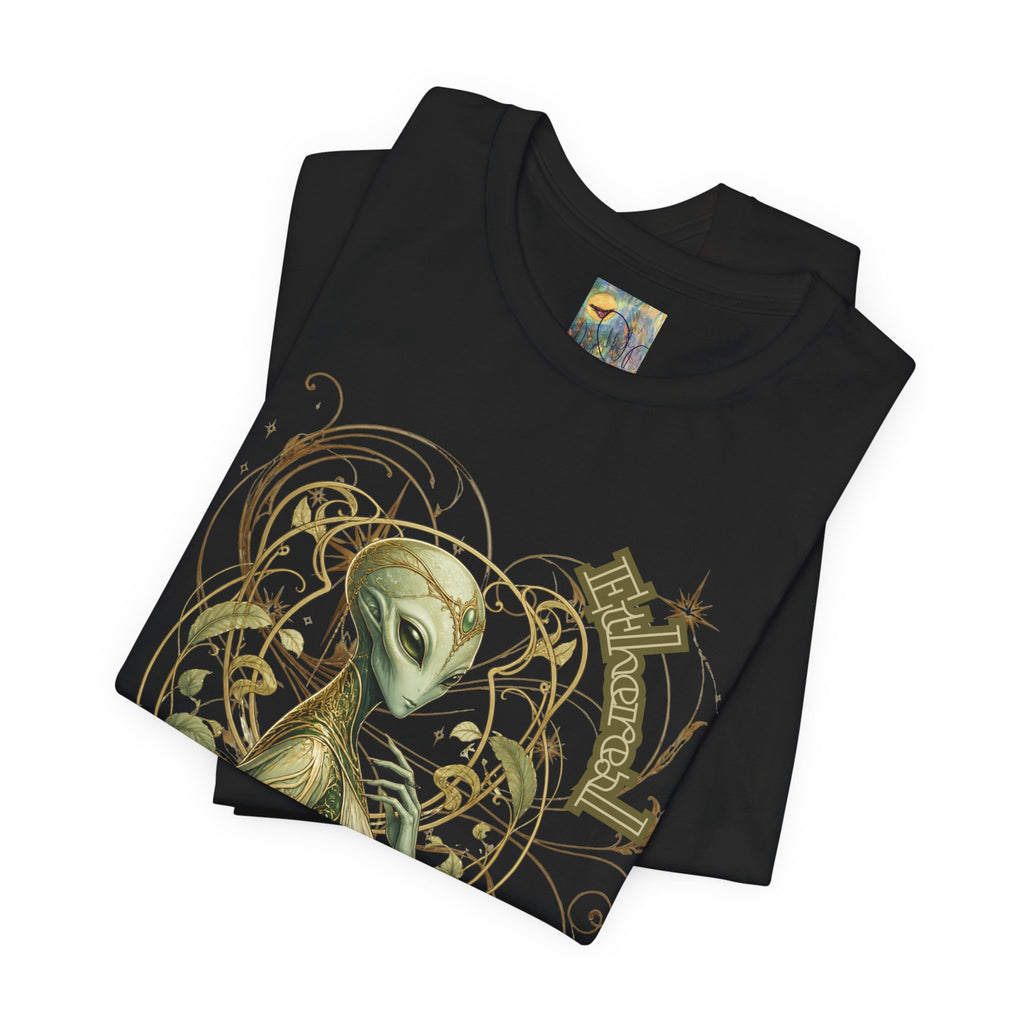 Alien Art Noveau Embrace T-Shirt — Mystical Green Alien Graphic Tee for Sci‑Fi Fans