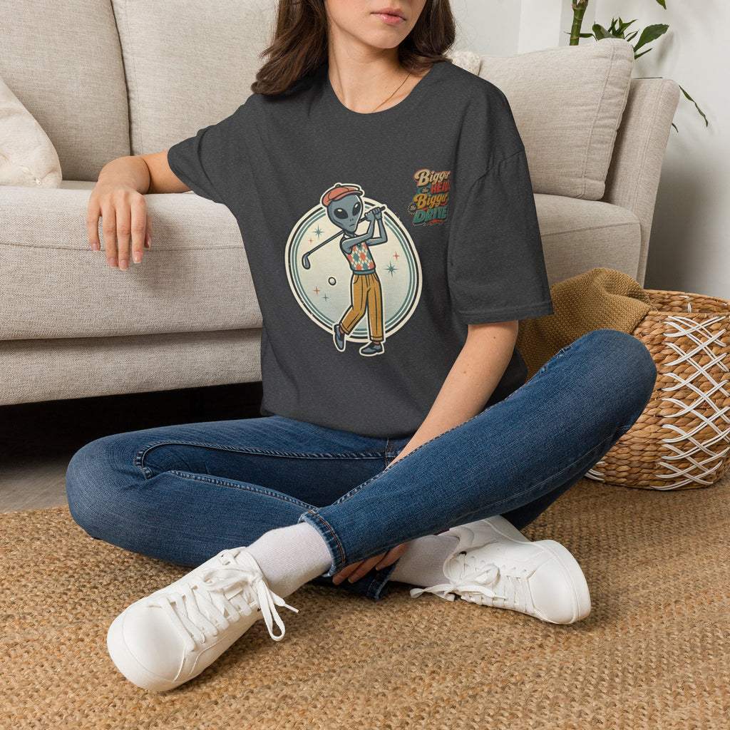 Alien Golfer T‑Shirt : The Bigger the Head, The Bigger the Drive"— Vintage Space Golf Graphic Tee