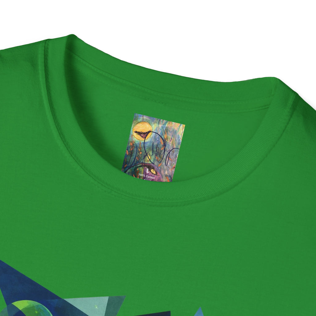 Blue & Green Cubism UFO Galaxy Geometry T‑Shirt — Neon Abstract Space Art