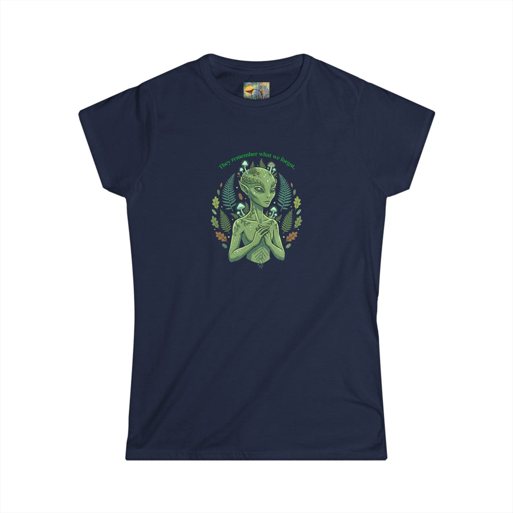 Alien Goddess Tee "They Remember What We Forget"— Women's Sci‑Fi Art Shirt