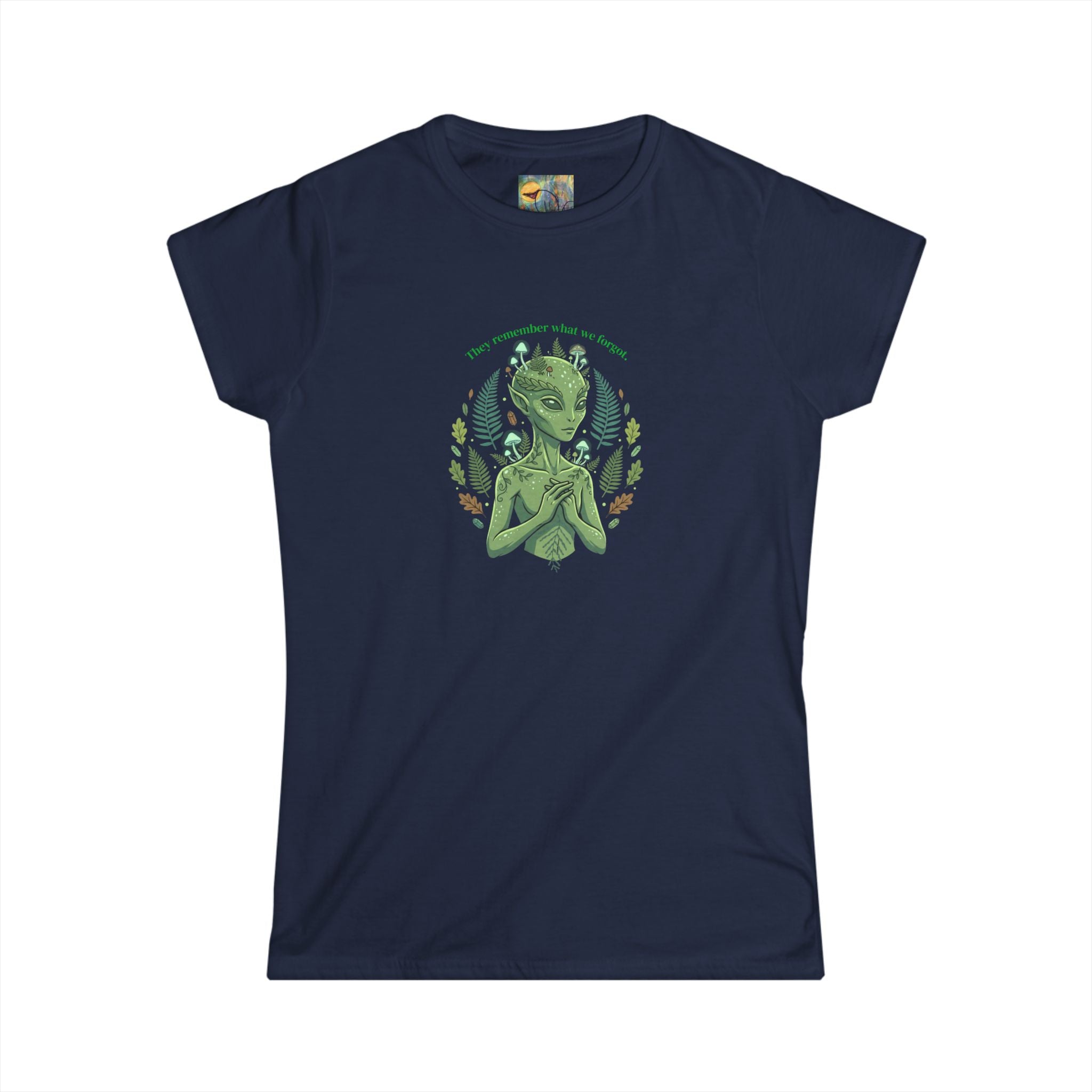 Alien Goddess Tee "They Remember What We Forget"— Women's Sci‑Fi Art Shirt