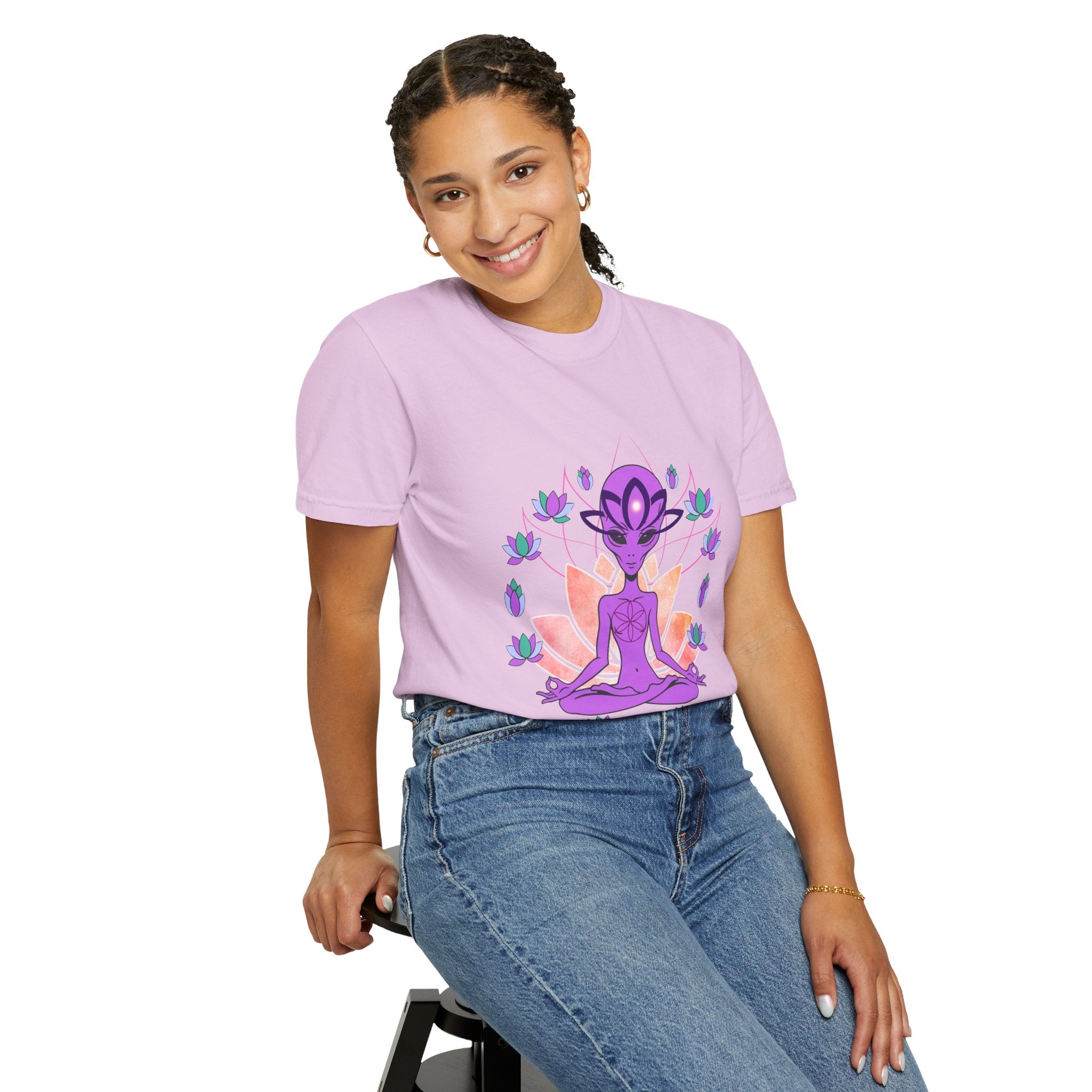 Alien Yoga T-Shirt — Purple Meditating Alien Lotus Tee